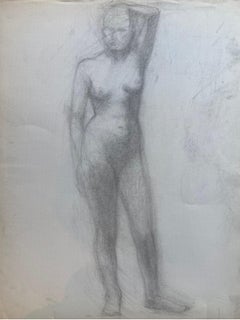 Disegno a carboncino francese della metà del XX secolo - Ritratto di donna nuda in piedi