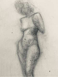 Disegno a carboncino francese della metà del XX secolo - Ritratto di donna nuda in piedi