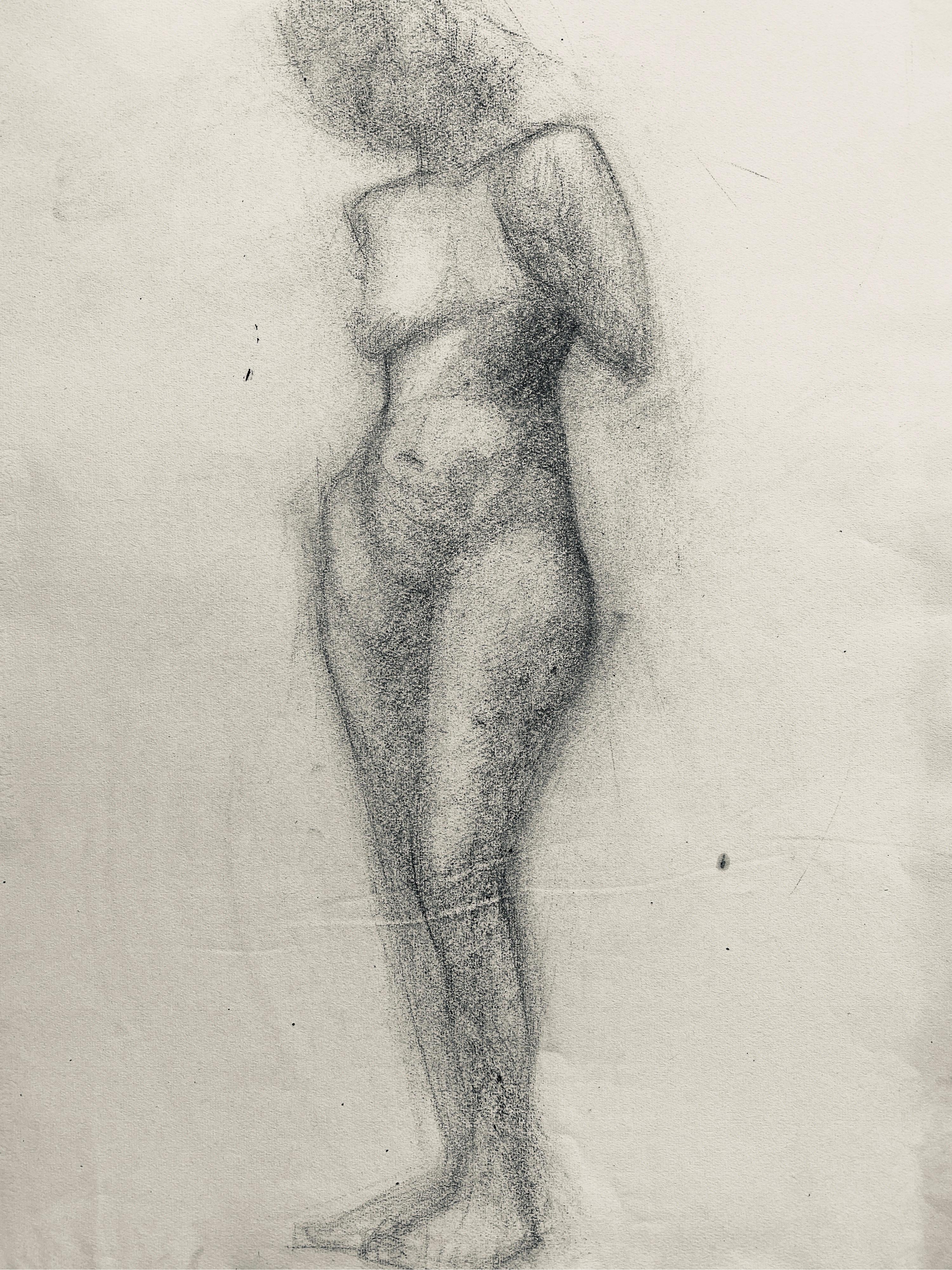 Mid 20th Century French Charcoal Drawing - Portrait of a Standing Nude Women - Post-Impressionist Art by GENEVIEVE ZONDERVAN (1922-2013)