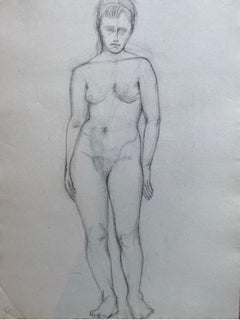 Mid 20th Century French Charcoal Drawing - Portrait of a Standing Nude Women