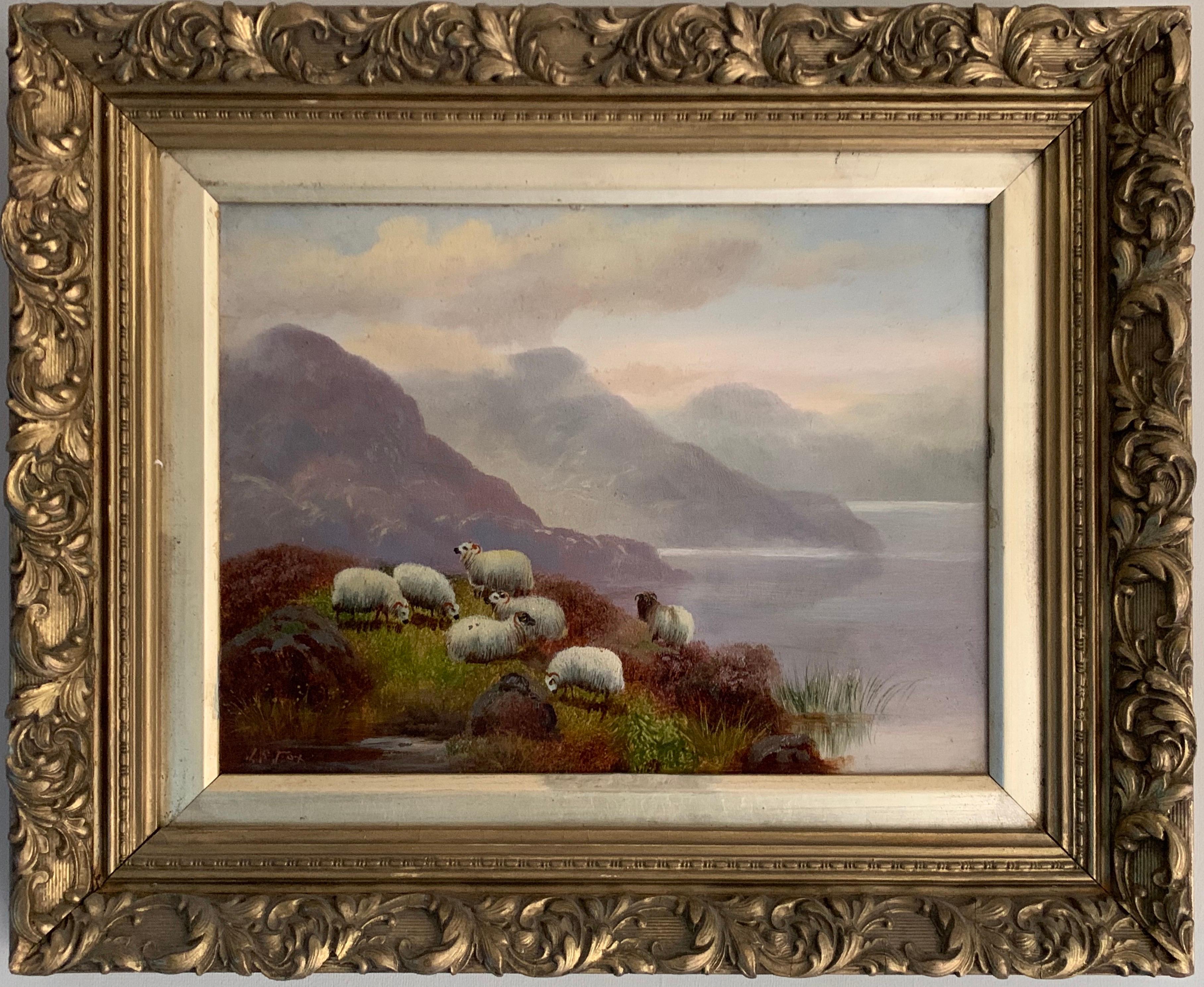 John Shirley Fox (1860-1939) Animal Painting - Antique Scottish Oil Painting Sheep in Misty Highland Loch Landscape signed