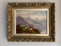 Antique Scottish Oil Painting Sheep in Misty Highland Loch Landscape signed