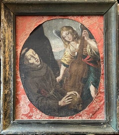 17th Century Italian Old Master Angel tending to Saint in Wilderness Oval Work