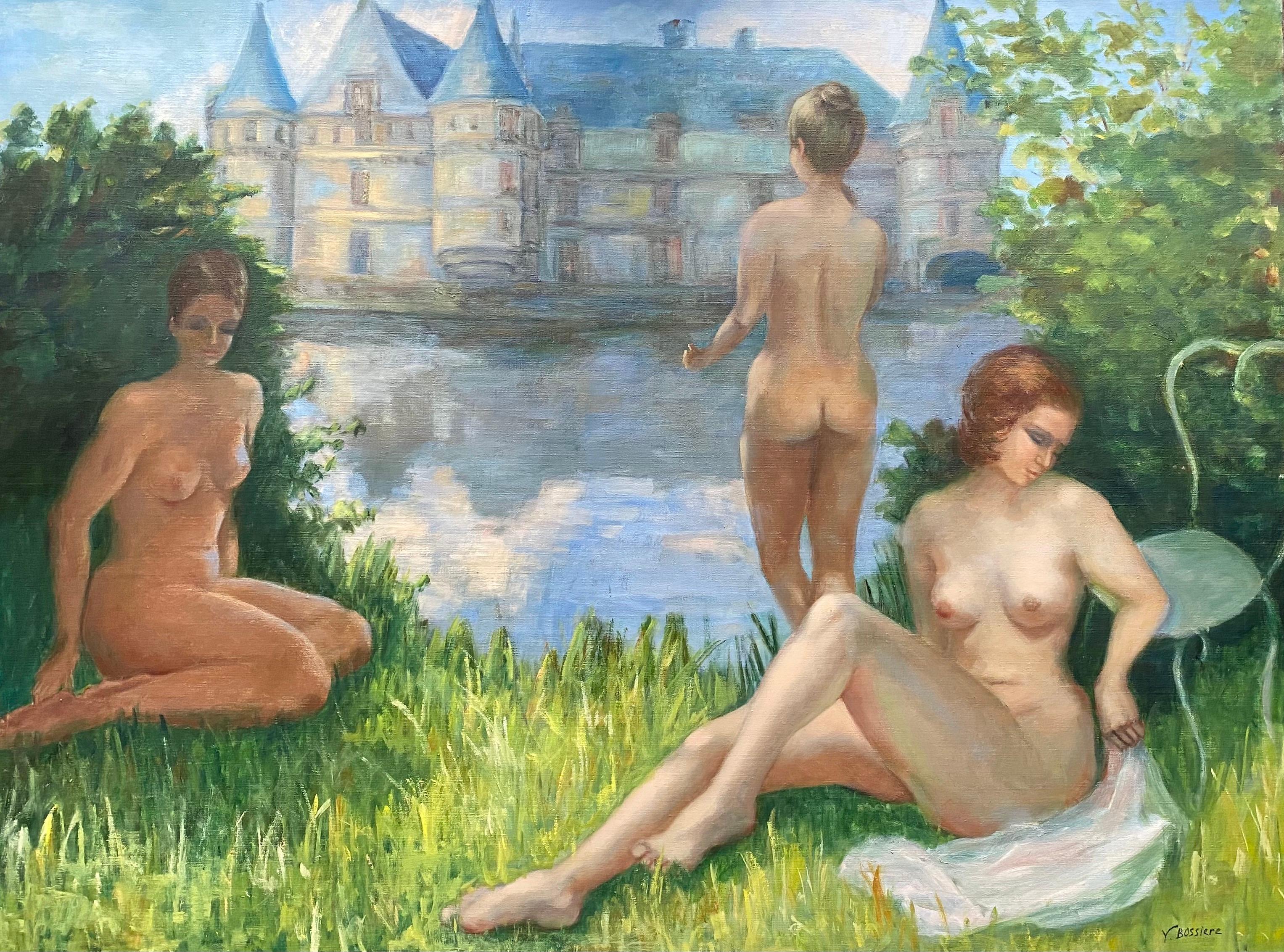 Yvette Bossiere Landscape Painting - Huge French Impressionist Oil Nude Bathers French Chateau Country Parkland Lake
