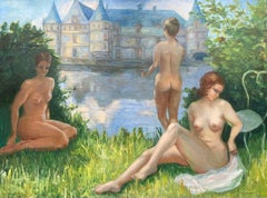 Huge French Impressionist Oil Nude Bathers French Chateau Country Parkland Lake