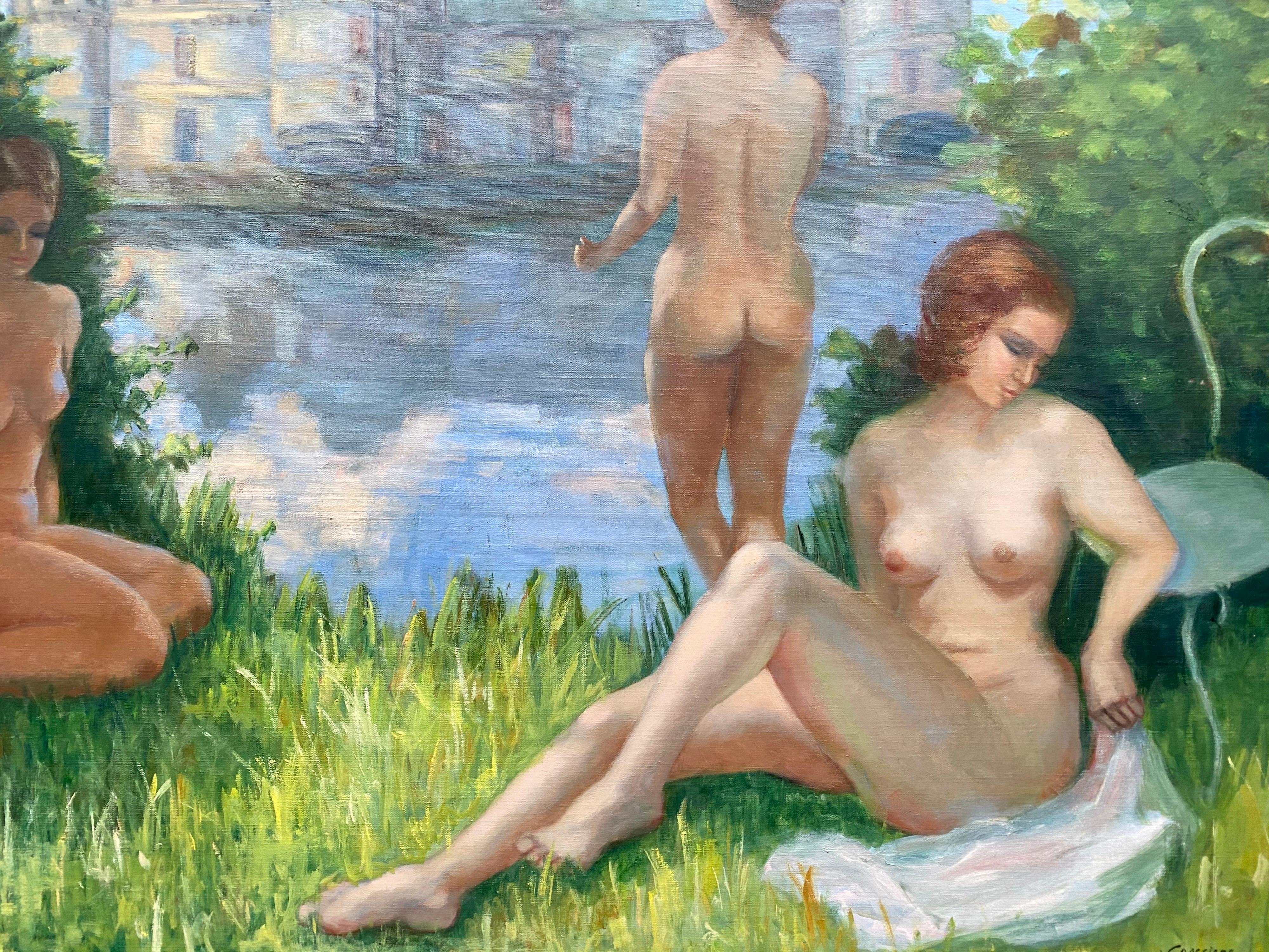Huge French Impressionist Oil Nude Bathers French Chateau Country Parkland Lake - Painting by Yvette Bossiere