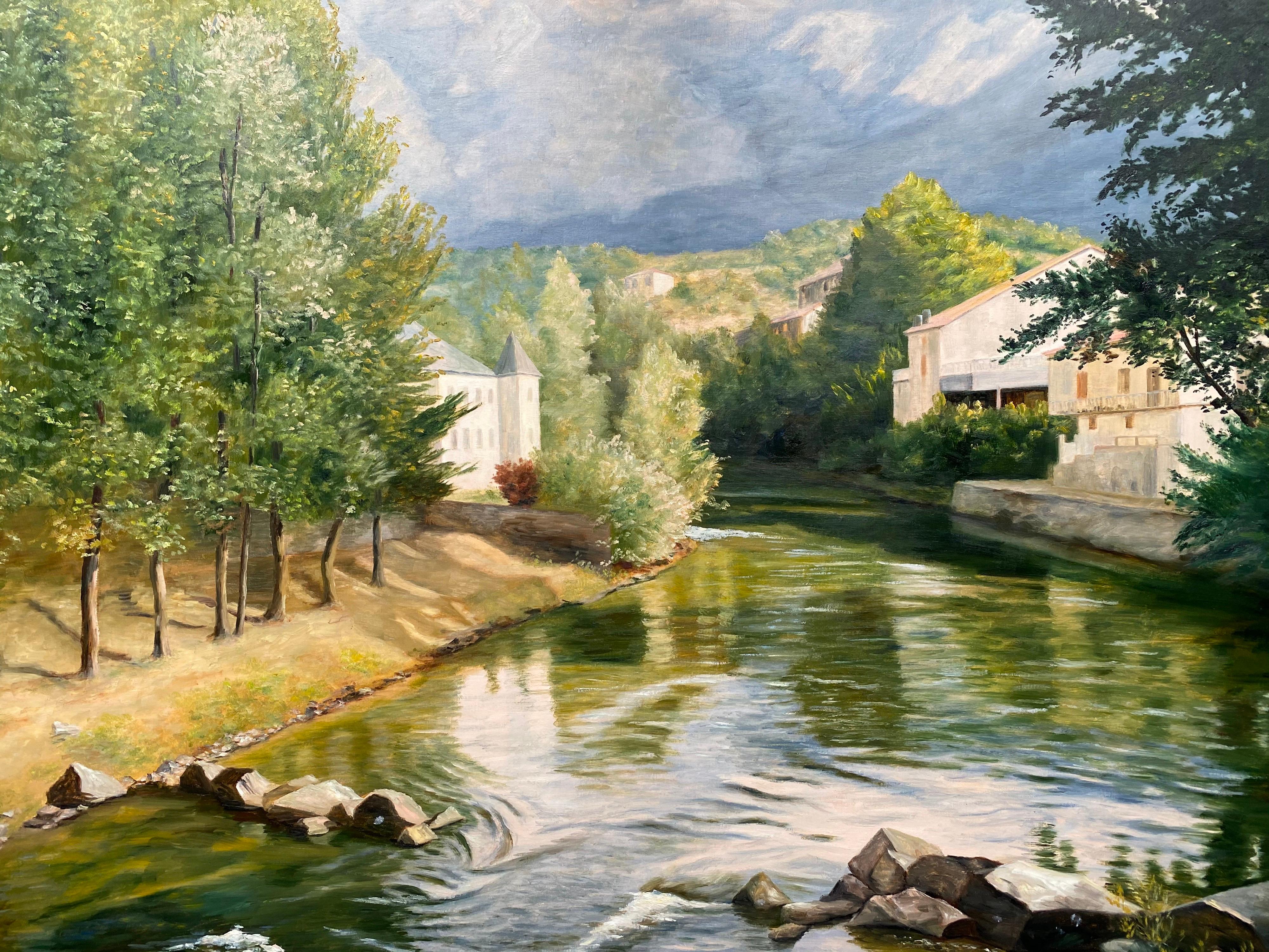 Grand paysage impressionniste français du 20ème siècle à l'huile - Tranquil River French Landscape - Painting de Yvette Bossiere