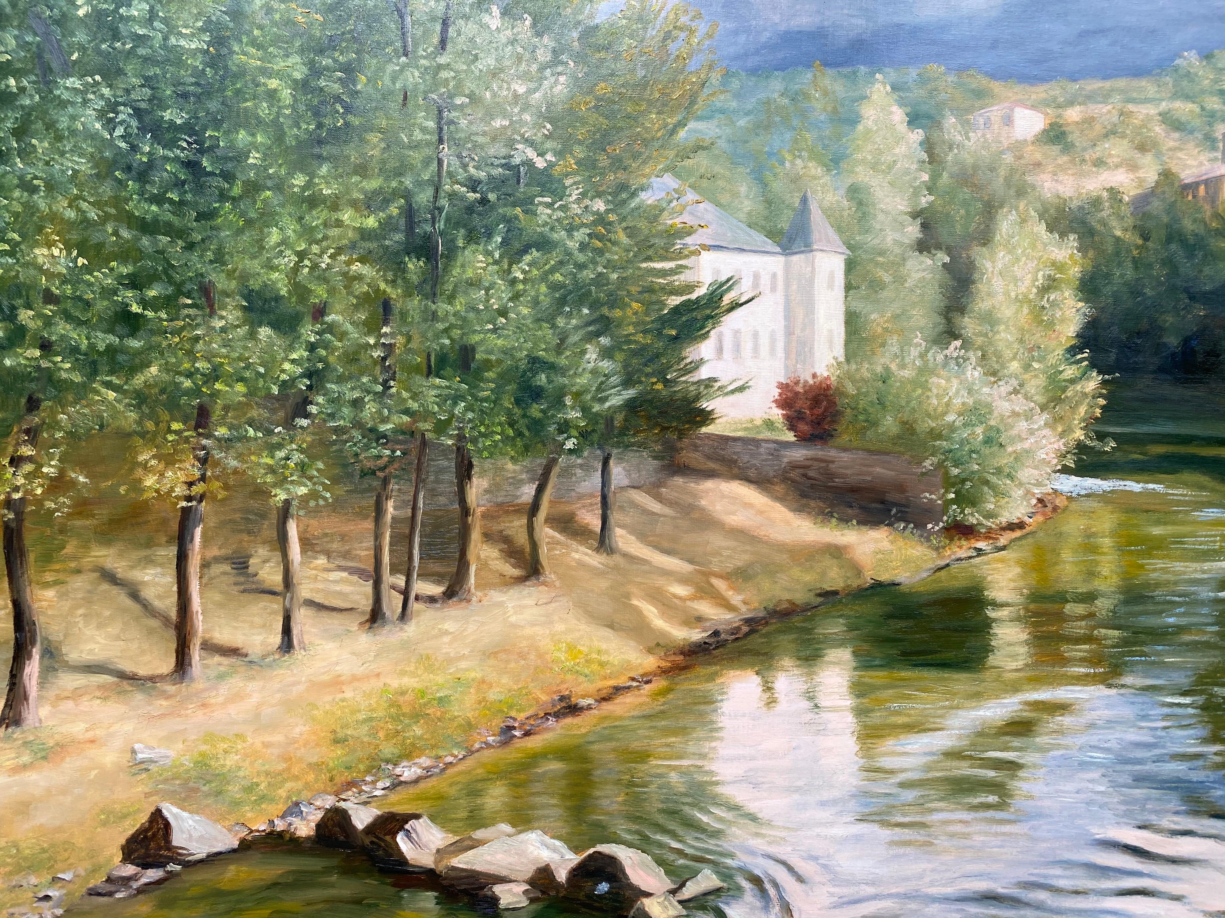 Grand paysage impressionniste français du 20ème siècle à l'huile - Tranquil River French Landscape - Impressionnisme Painting par Yvette Bossiere