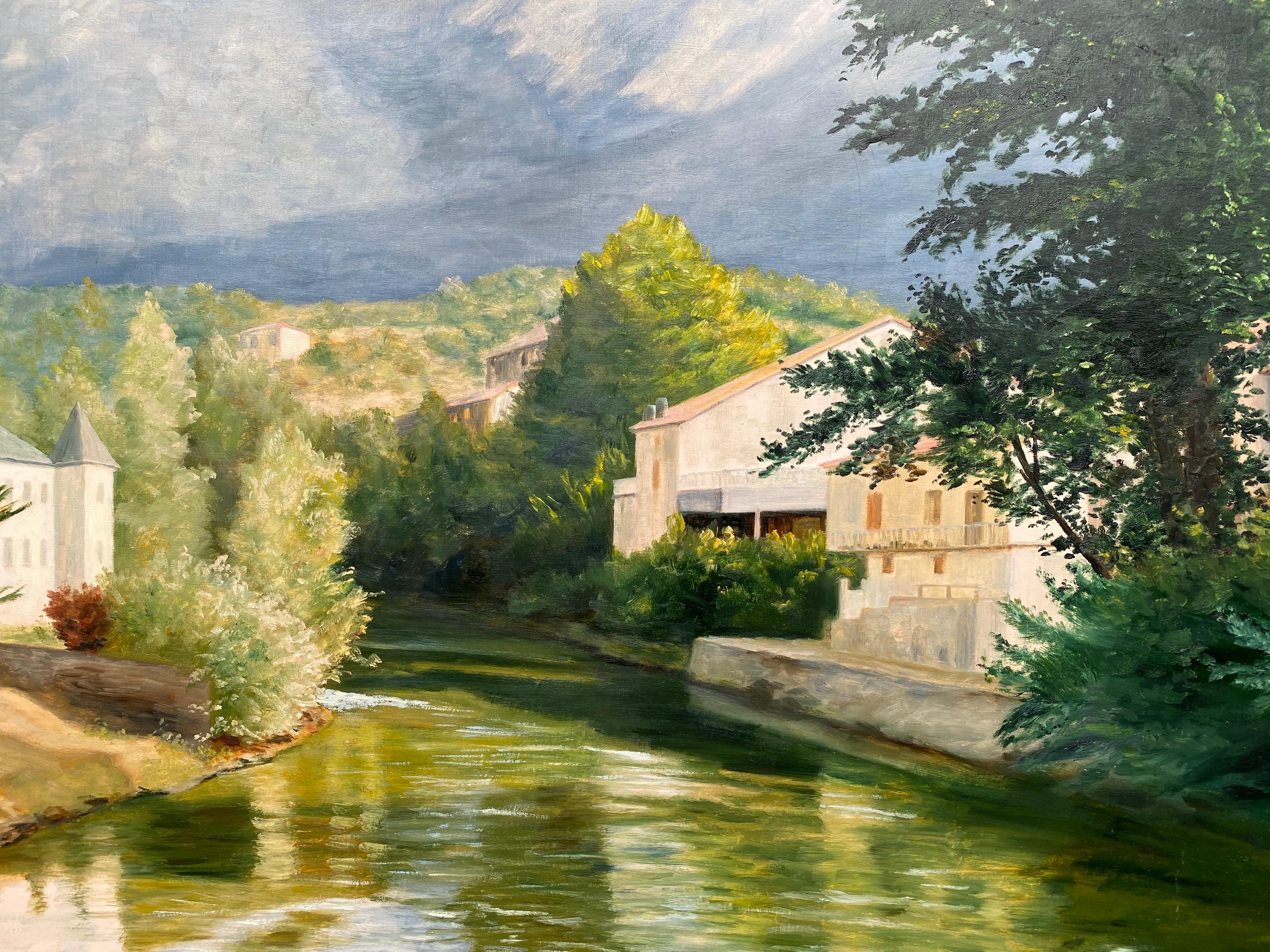 Grand paysage impressionniste français du 20ème siècle à l'huile - Tranquil River French Landscape - Marron Landscape Painting par Yvette Bossiere