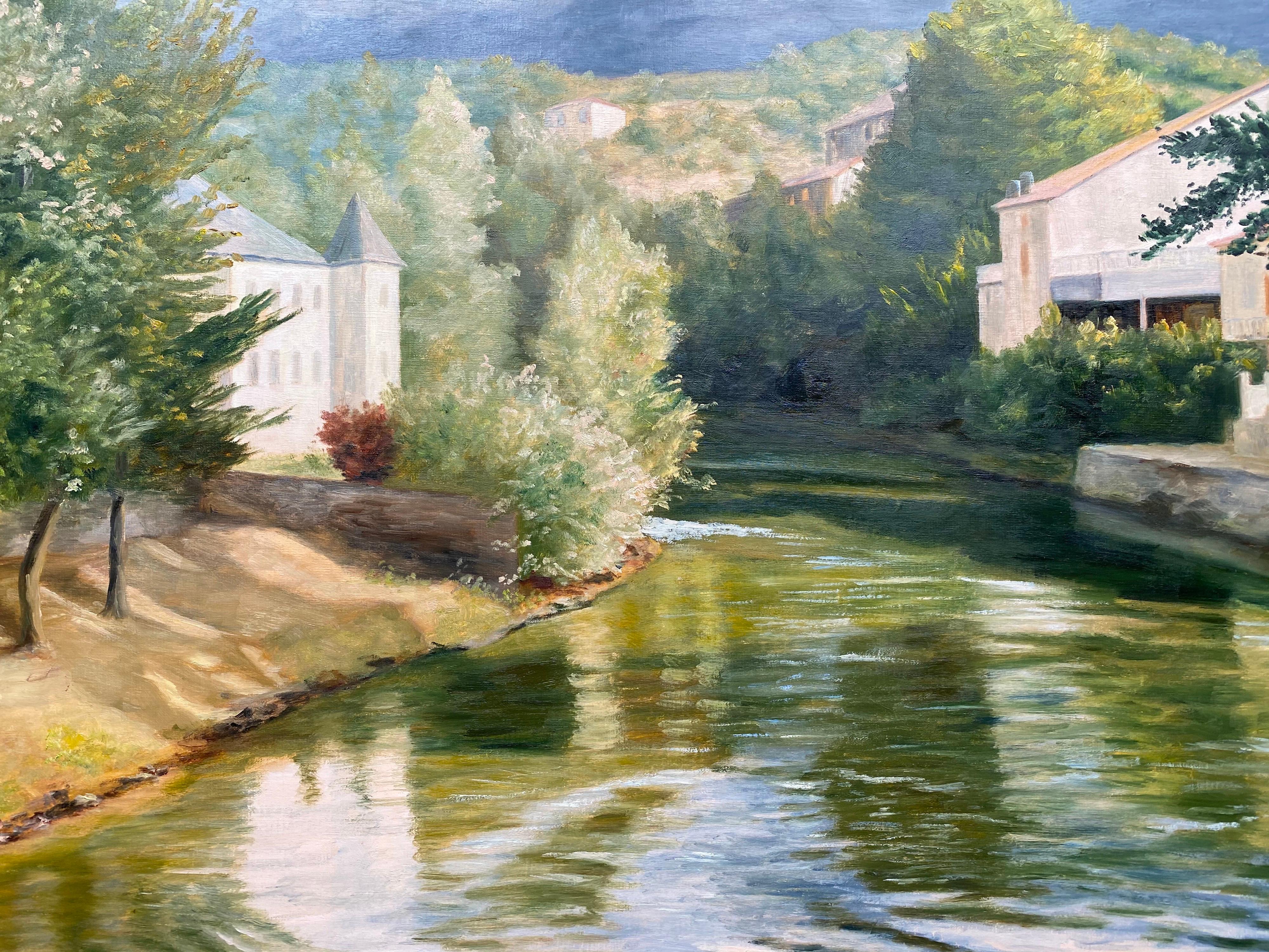 Huge 20th Century French Impressionist Oil Tranquil River French Landscape - Brown Landscape Painting by Yvette Bossiere
