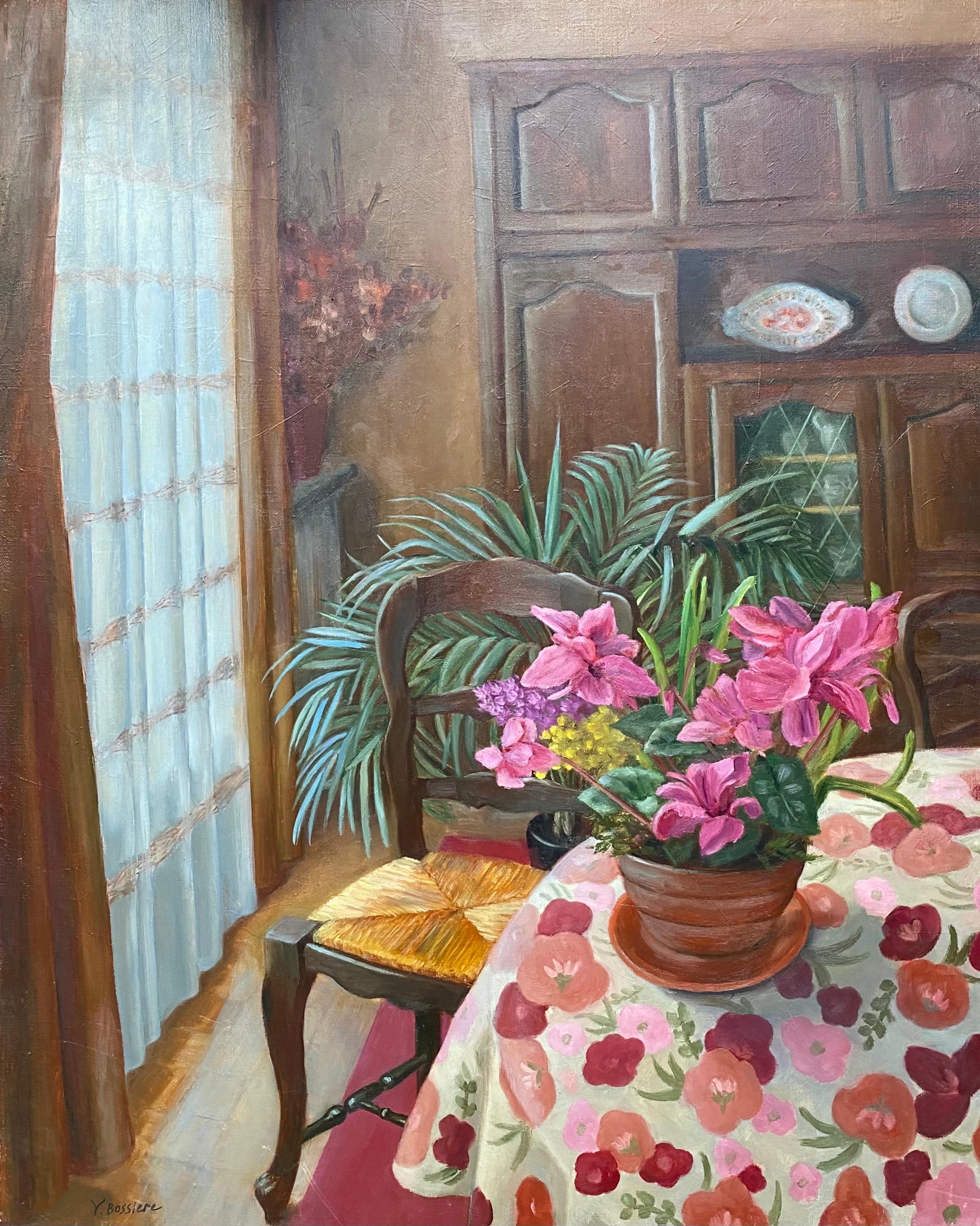 Large French Signed Oil - Colorful Interior Room Setting with Pink Flowers