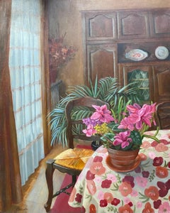 Grande olio francese firmato - Ambientazione interna colorata con fiori rosa