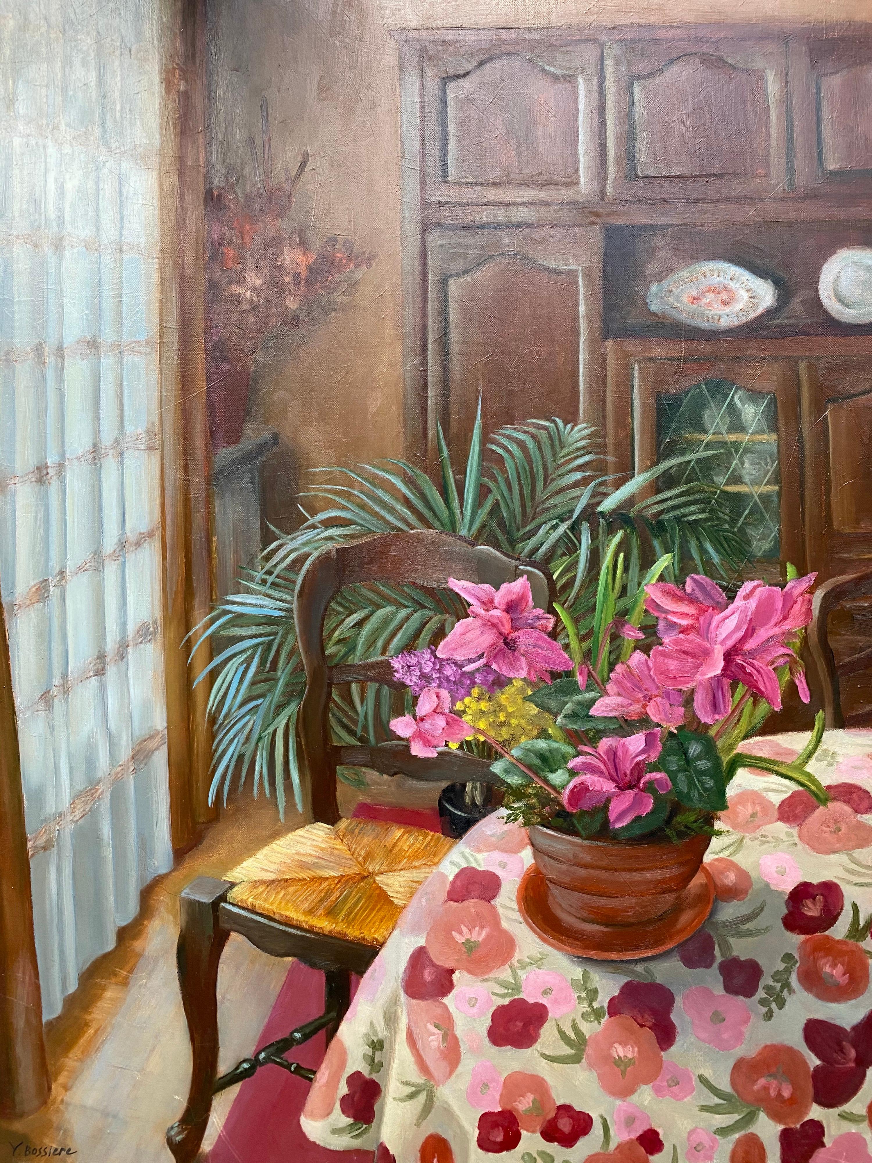 Large French Signed Oil - Colorful Interior Room Setting with Pink Flowers - Painting by Yvette Bossiere