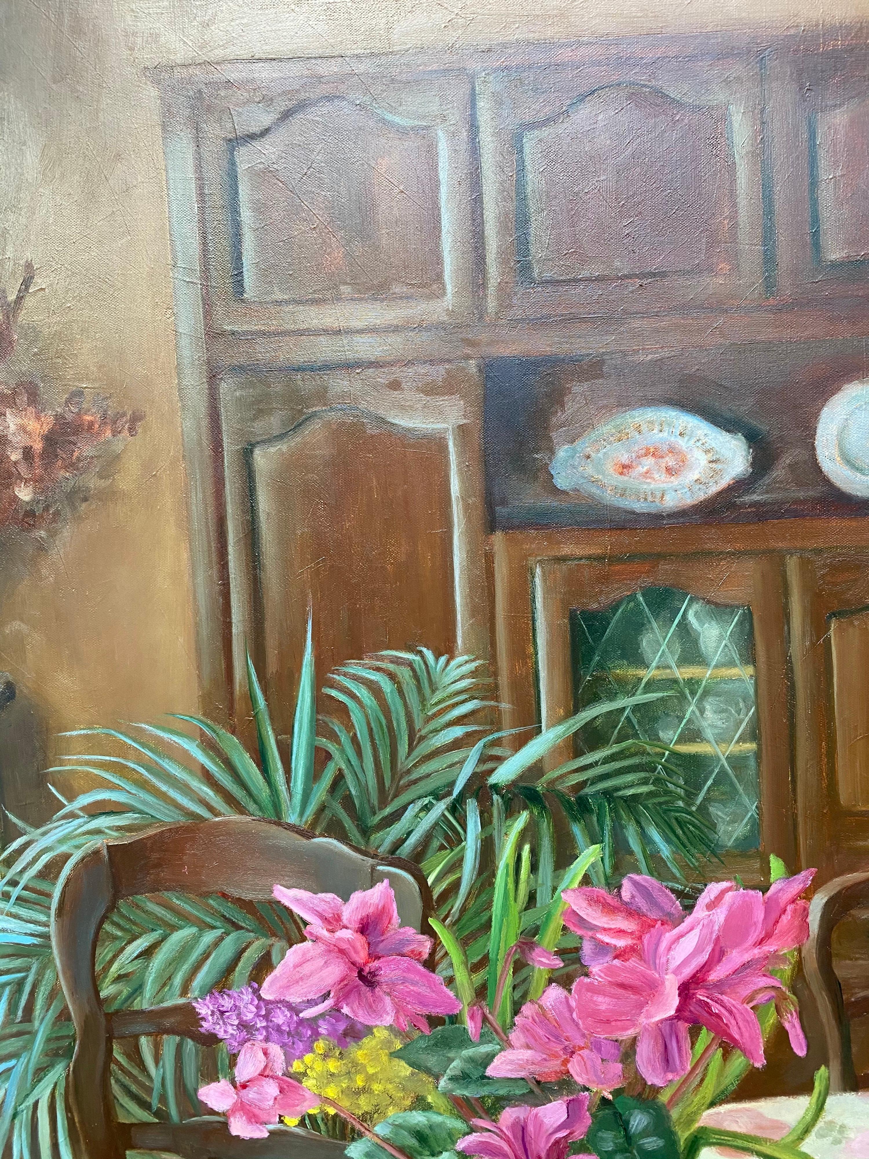 Large French Signed Oil - Colorful Interior Room Setting with Pink Flowers - Gray Interior Painting by Yvette Bossiere