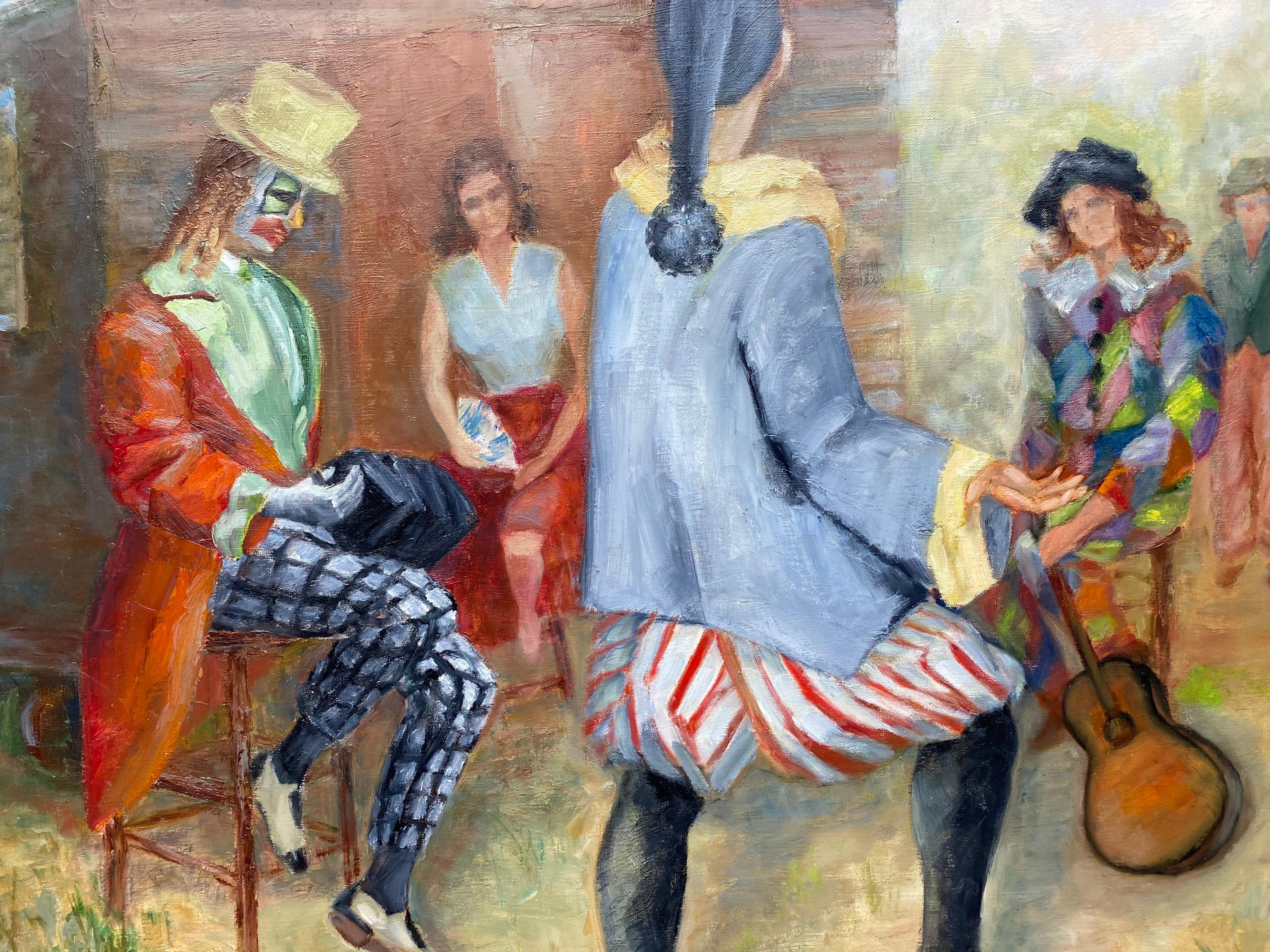 Huge et colorée huile impressionniste française du 20ème siècle - Clowns musiciens rassemblés - Painting de Yvette Bossiere