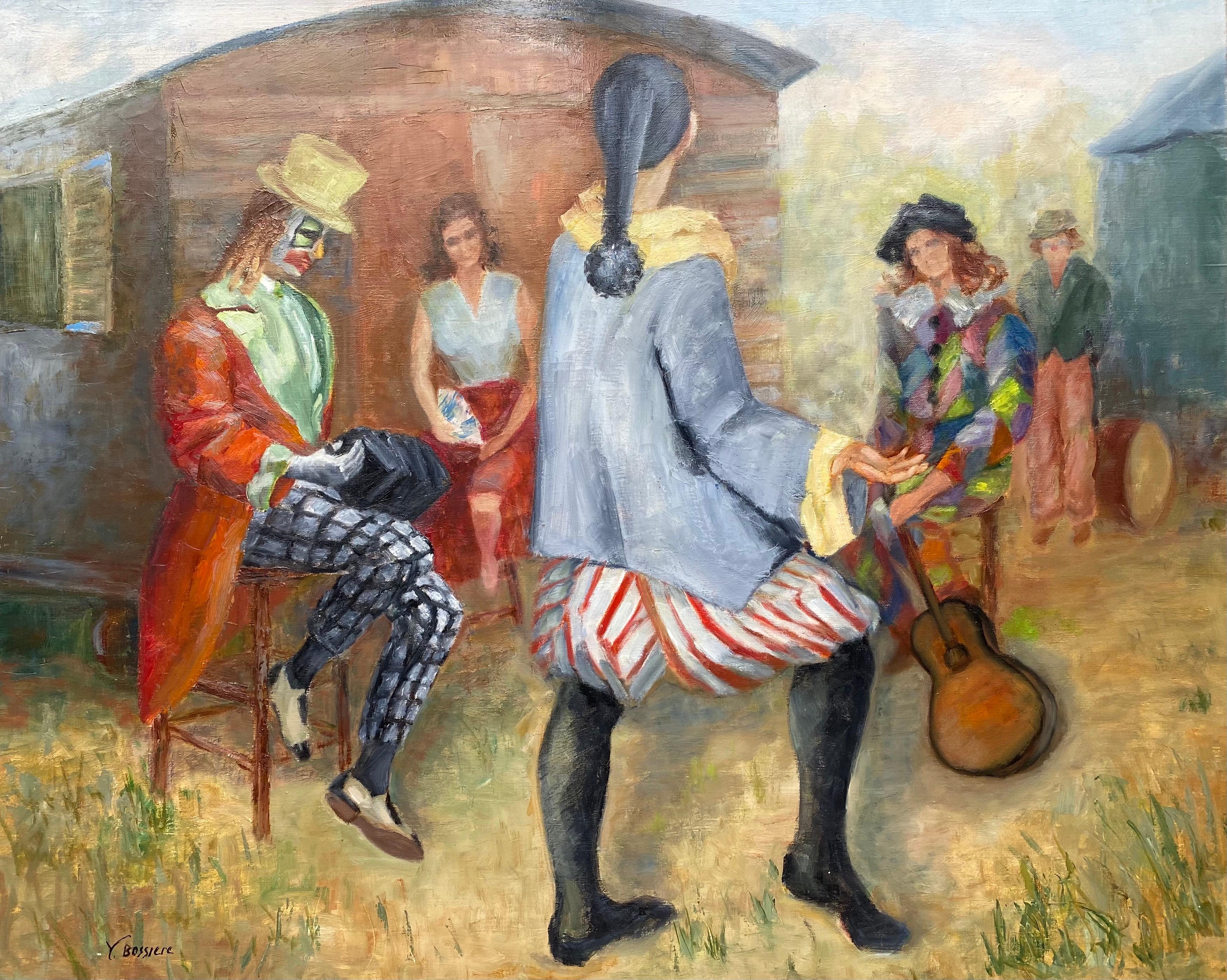 Huge Colourful 20th Century French Impressionist Oil Musical Clowns Gathered