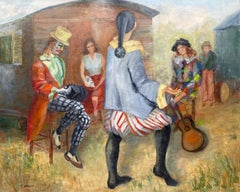 Huge Colourful 20th Century French Impressionist Oil Musical Clowns Gathered