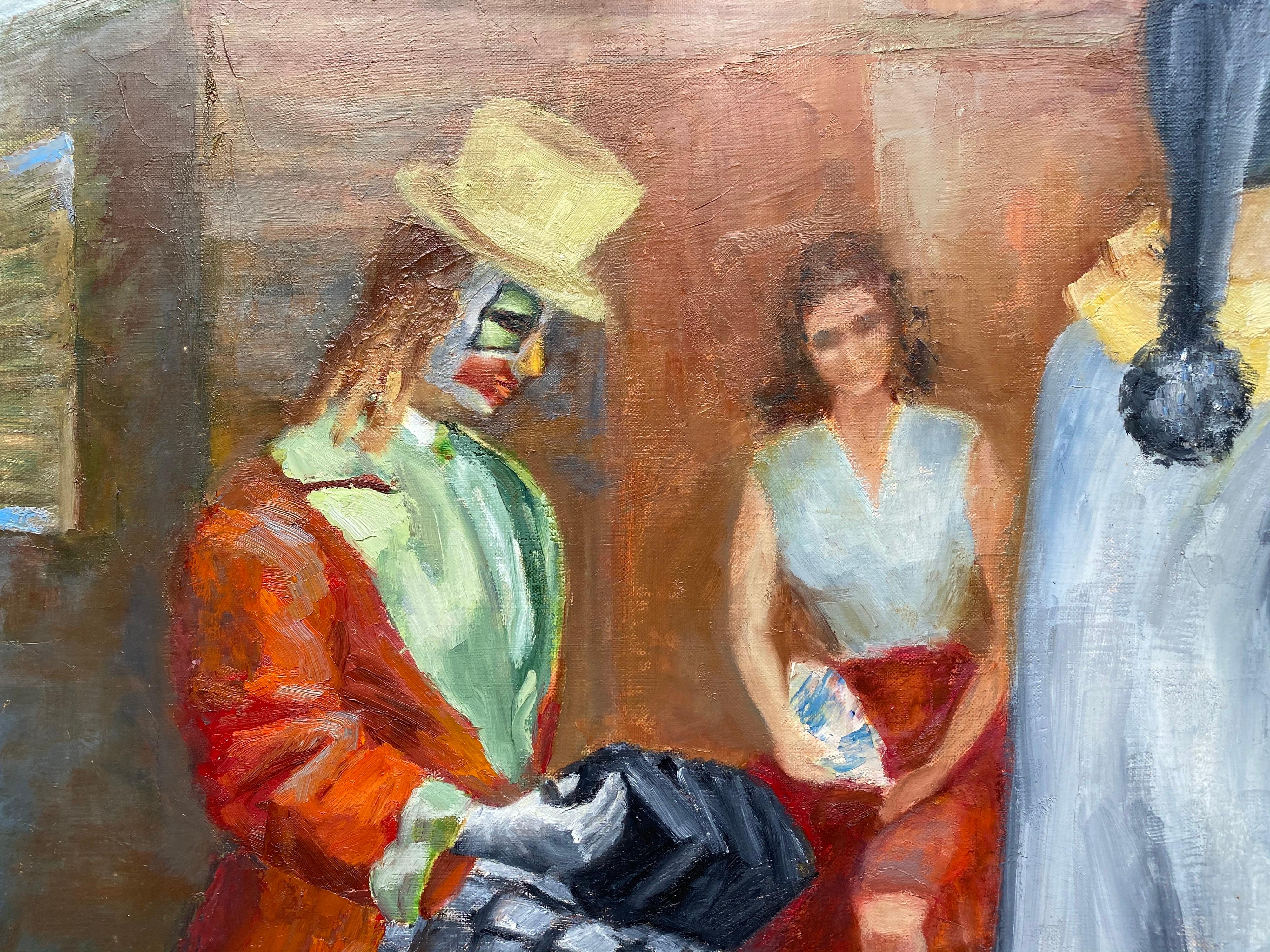 Huge et colorée huile impressionniste française du 20ème siècle - Clowns musiciens rassemblés - Impressionnisme Painting par Yvette Bossiere