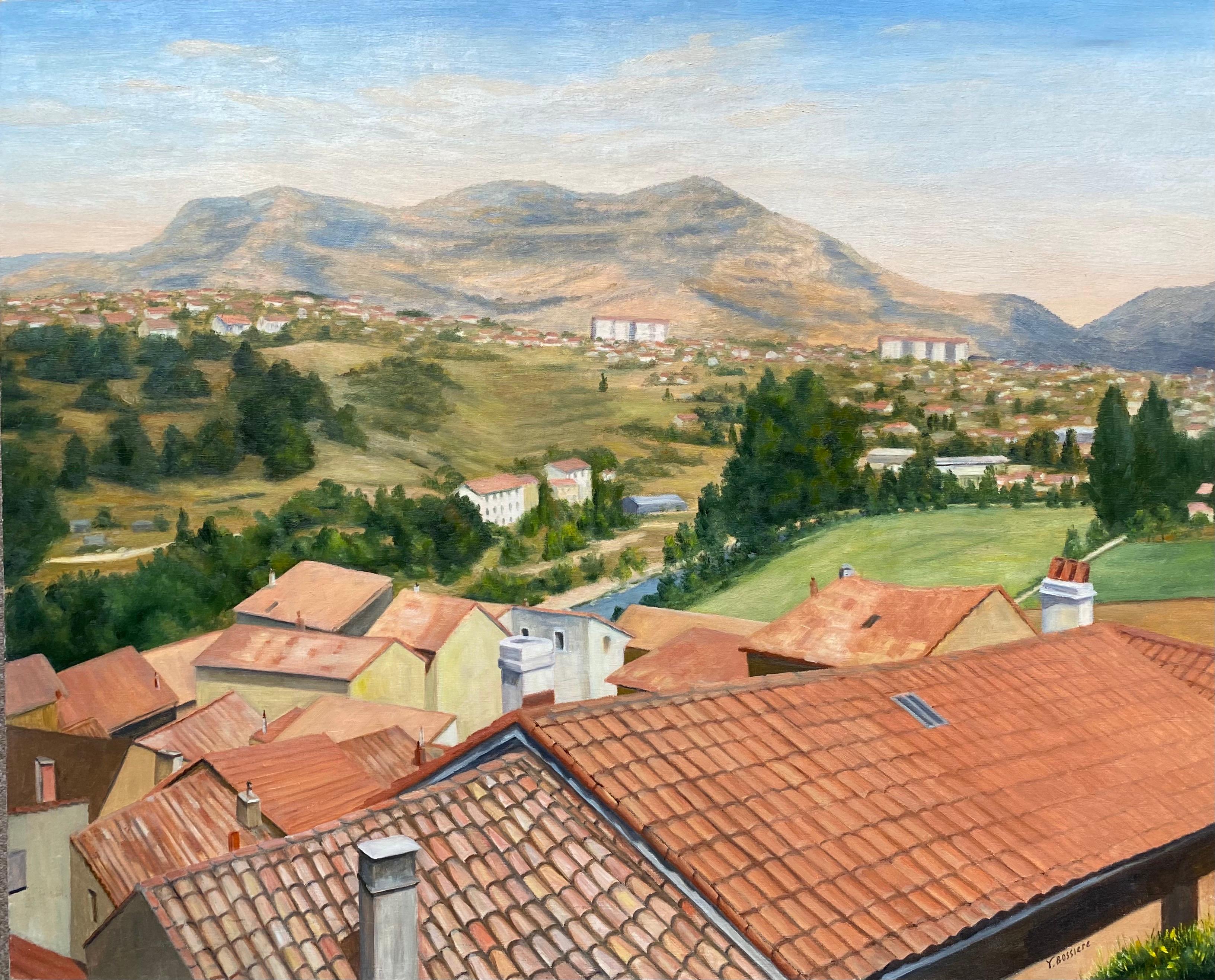 Landscape Painting Yvette Bossiere - Très grande vue à l'huile impressionniste française sur le terrain d'un village d'Occitanie au-dessus d'un sabot