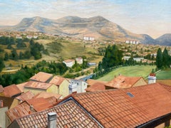 Very Large French Impressionist Oil View over Occitanie Rooftop Village Landscap