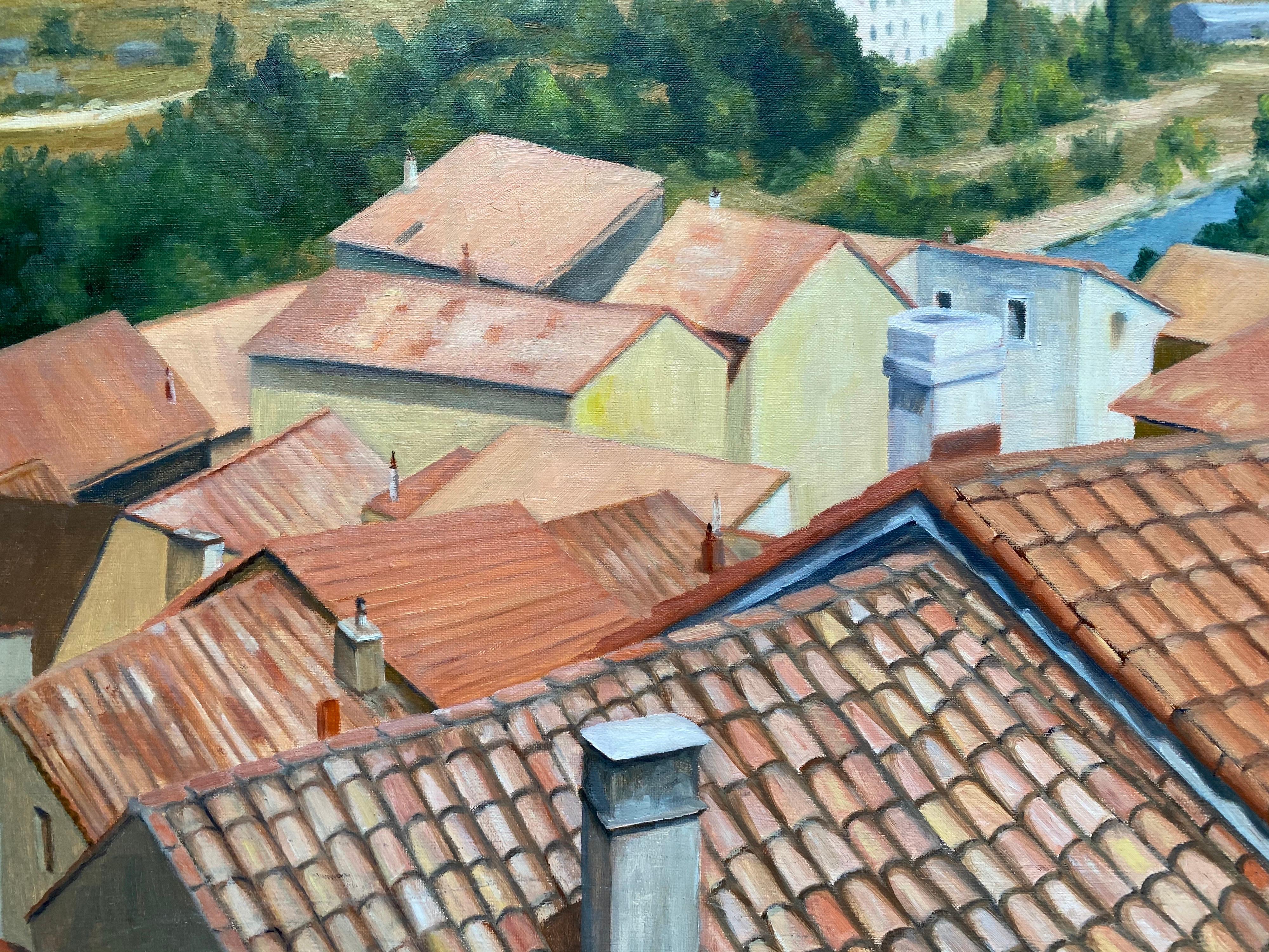 Très grande vue à l'huile impressionniste française sur le terrain d'un village d'Occitanie au-dessus d'un sabot - Marron Landscape Painting par Yvette Bossiere