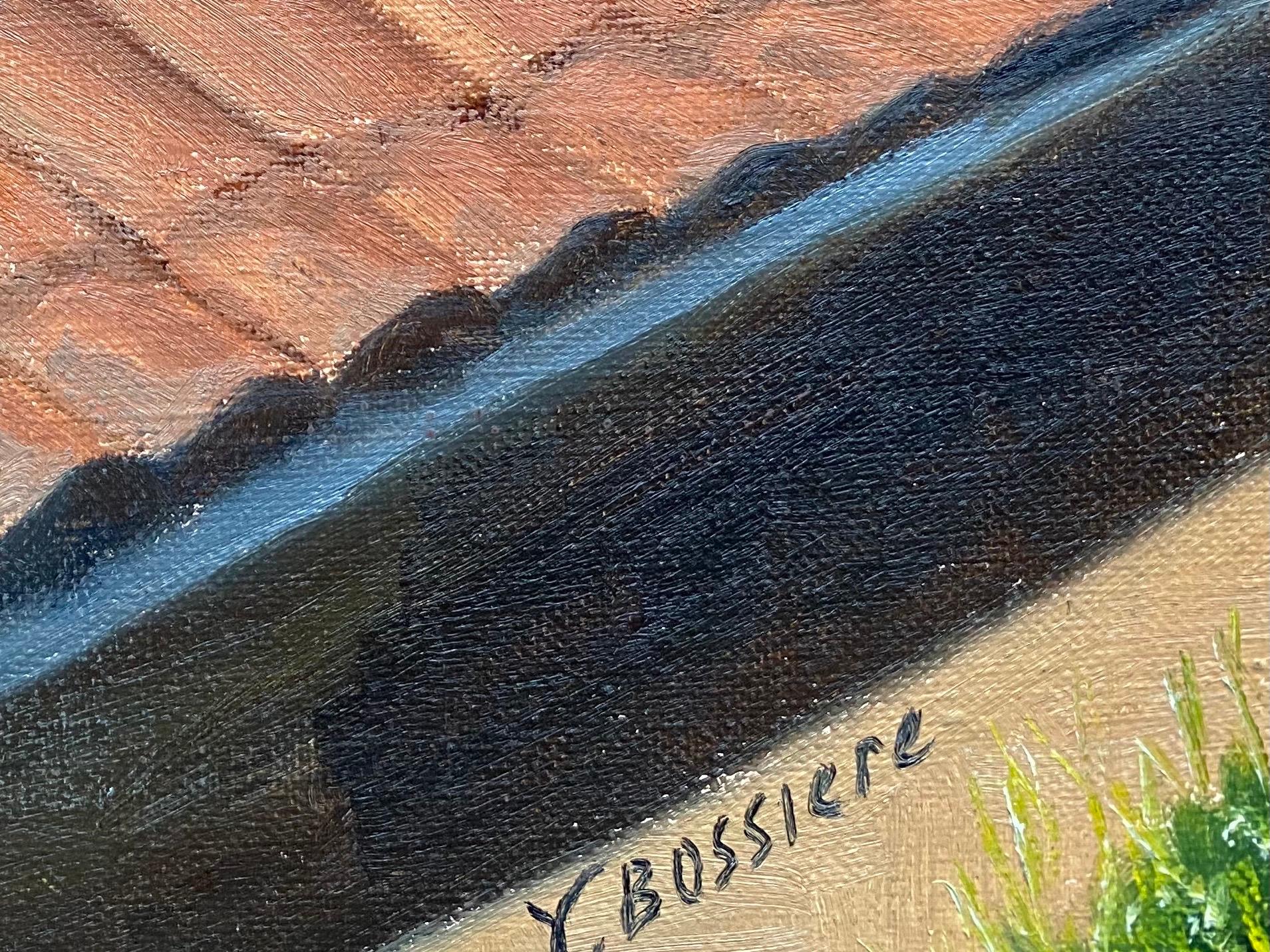 Très grande vue à l'huile impressionniste française sur le terrain d'un village d'Occitanie au-dessus d'un sabot en vente 1