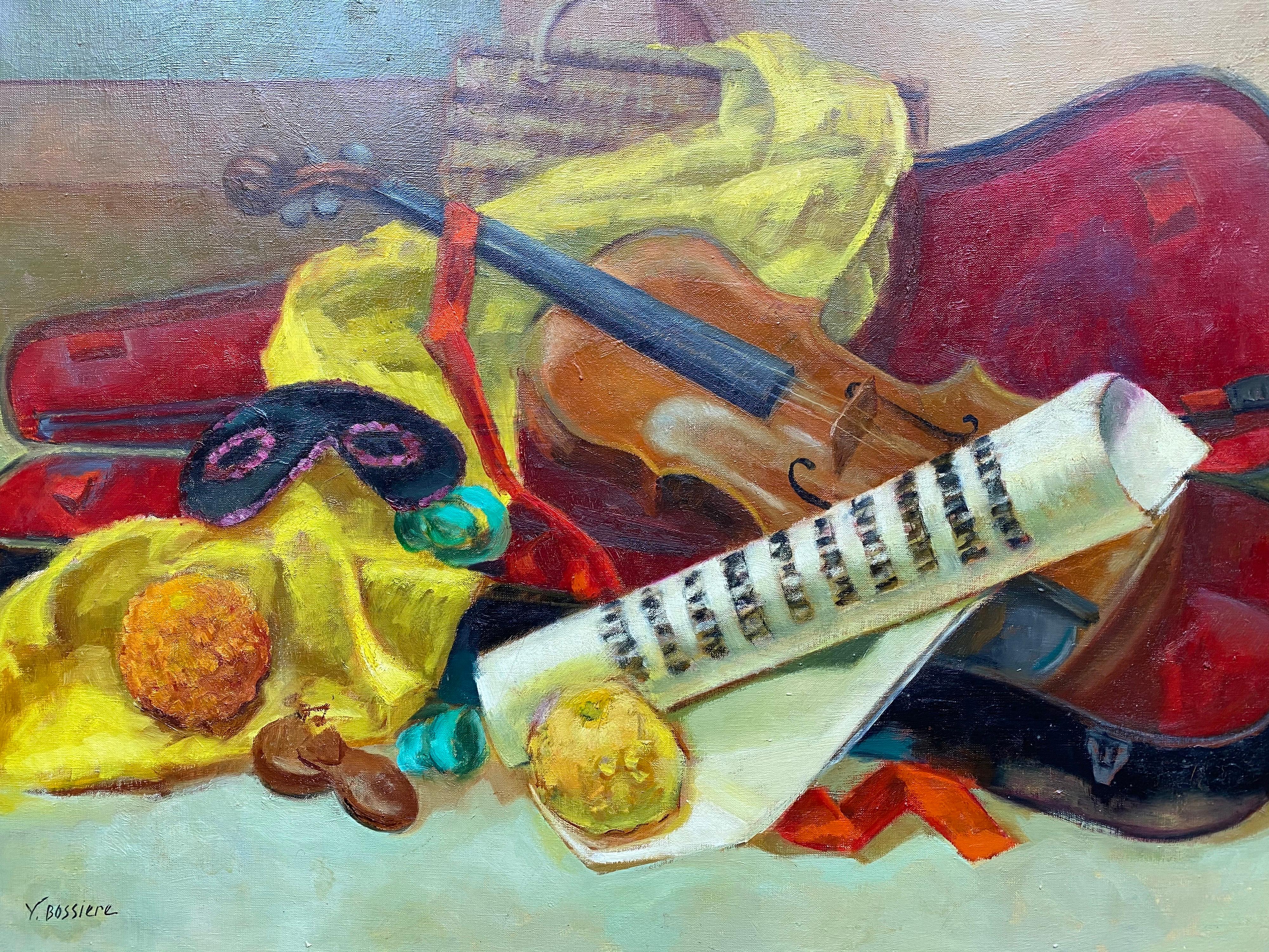 Colourful 20th Century French Impressionist - Musicians Violin Masque Still Life - Painting by Yvette Bossiere