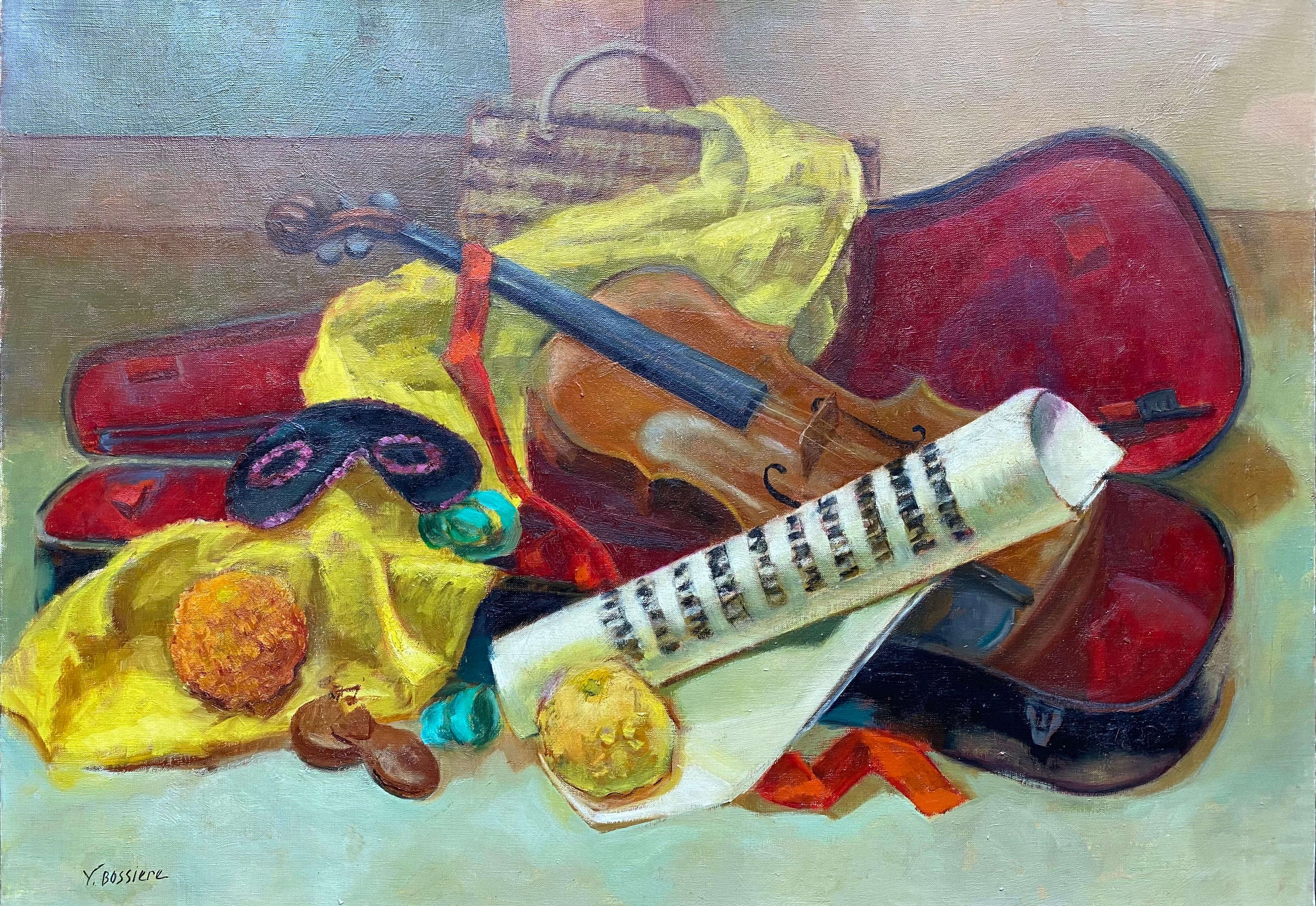 Yvette Bossiere Interior Painting - Colourful 20th Century French Impressionist - Musicians Violin Masque Still Life