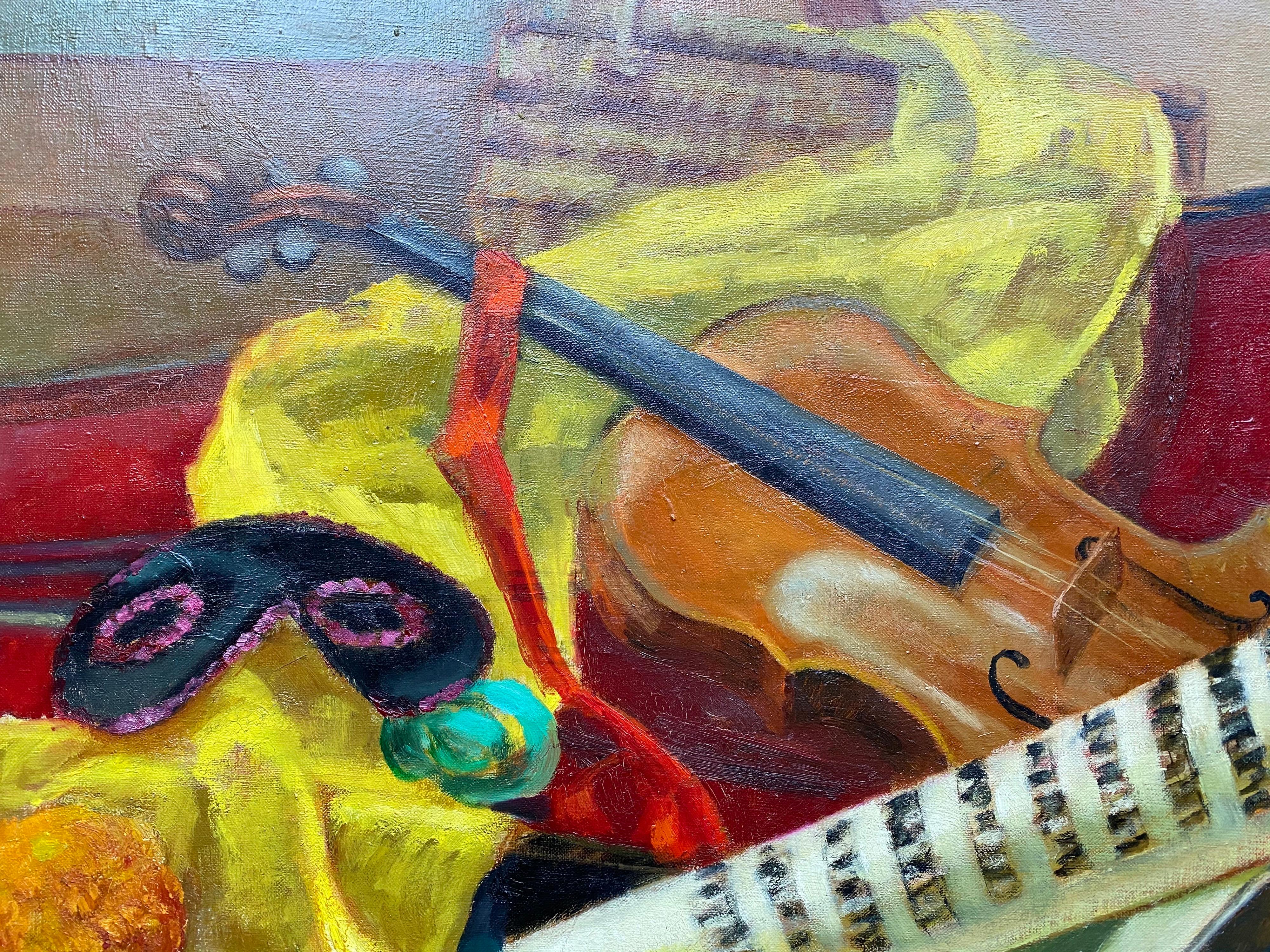 Impressionniste français coloré du 20ème siècle - Nature morte masque de violonistes - Impressionnisme Painting par Yvette Bossiere