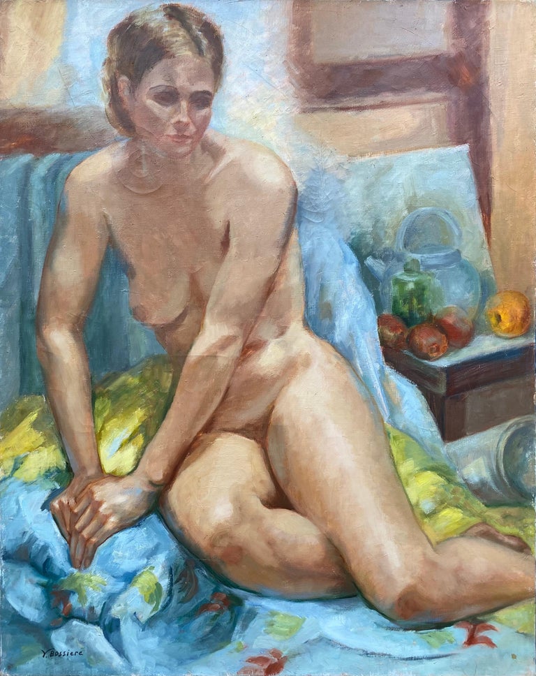 Yvette Bossiere Interior Painting - Very Large 20th Century French Impressionist Oil Nude Model with Fruit