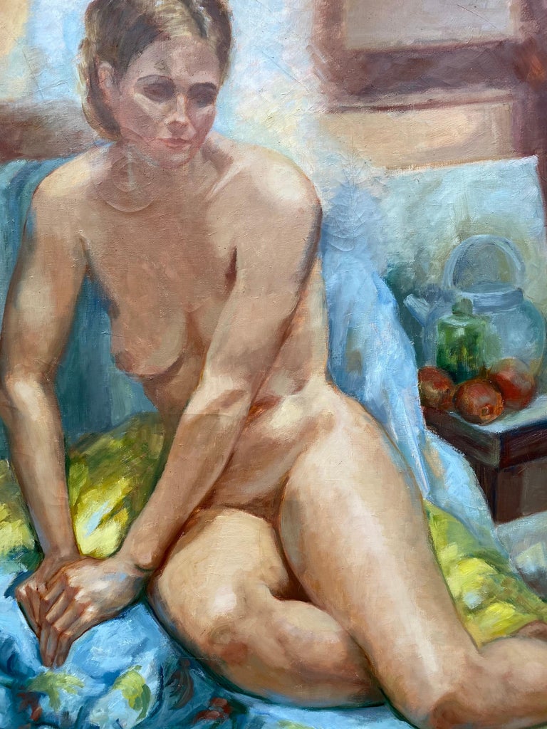 Very Large 20th Century French Impressionist Oil Nude Model with Fruit - Painting by Yvette Bossiere