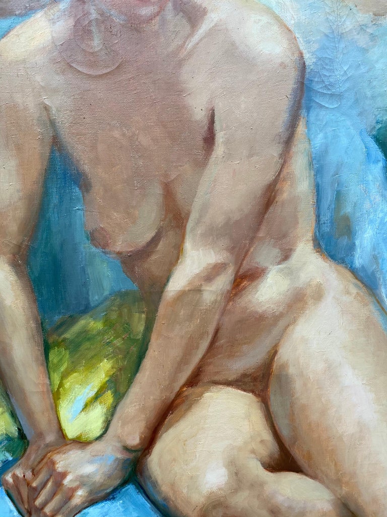 Very Large 20th Century French Impressionist Oil Nude Model with Fruit - Gray Interior Painting by Yvette Bossiere