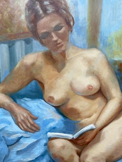 Huge 20th Century French Impressionist Oil Nude Lady against Blue Background
