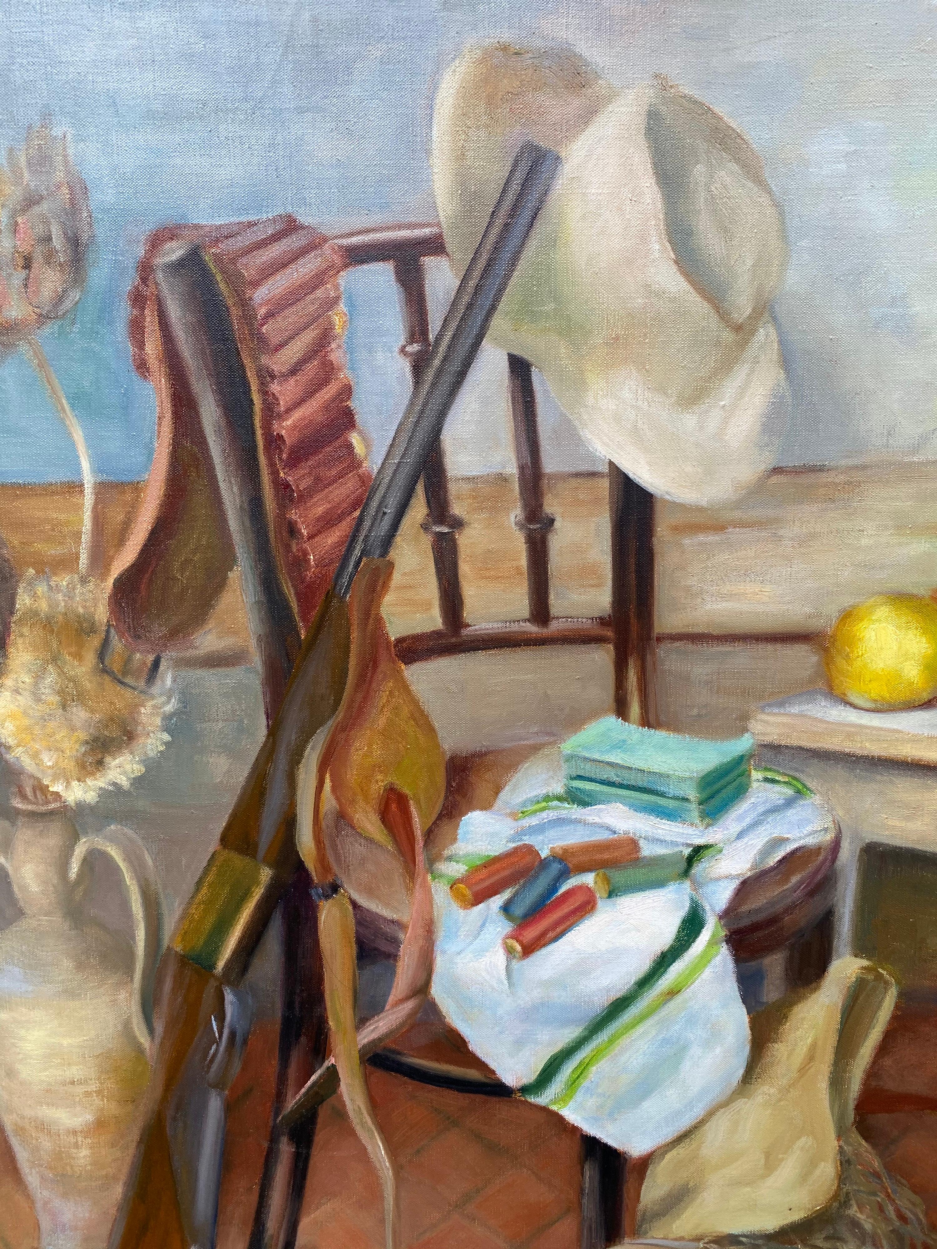 Grande huile impressionniste française du 20ème siècle - The Huntsman's Lot - Rifle - Painting de Yvette Bossiere