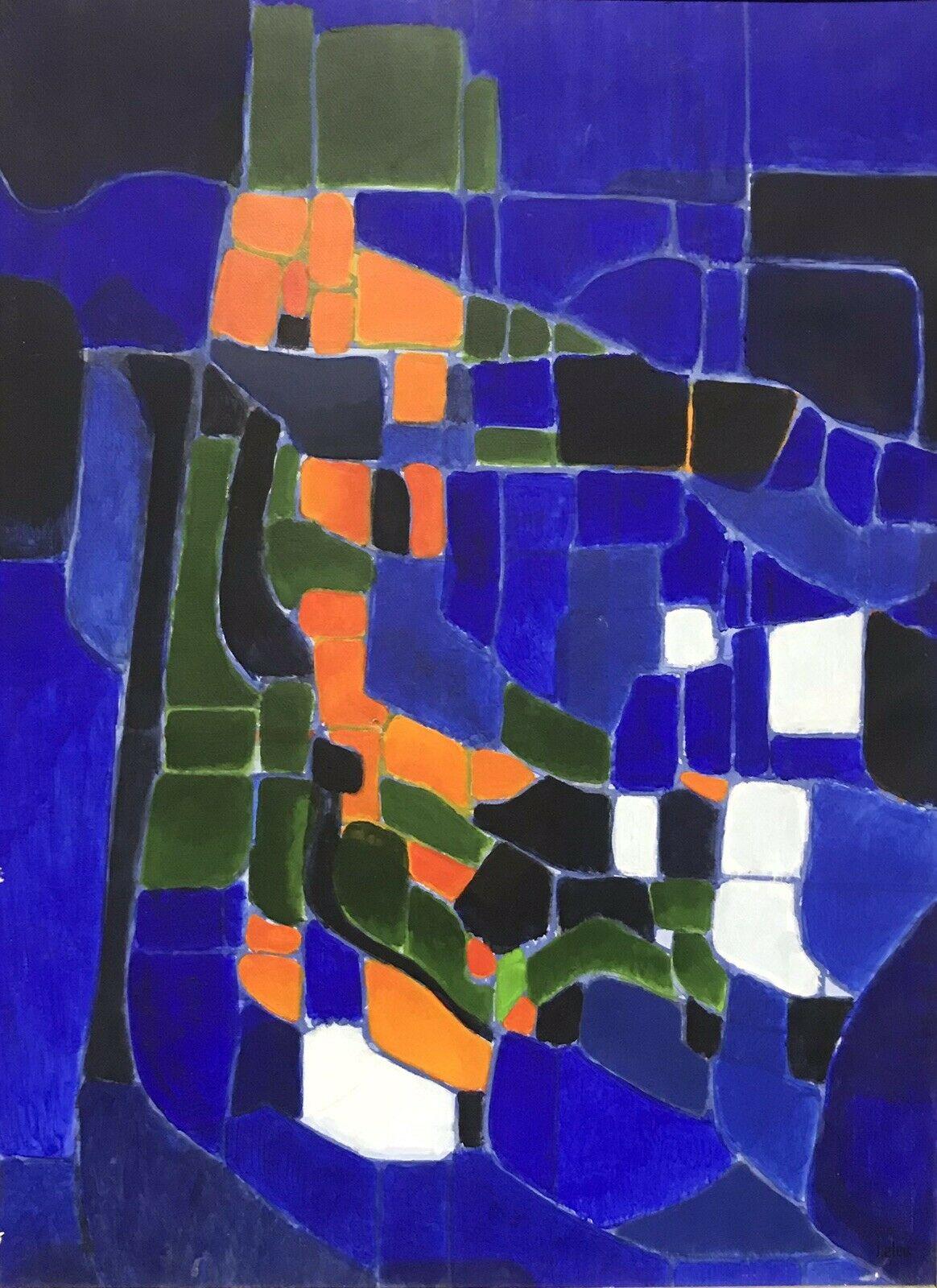 French cubist Abstract Painting - 1980's FRENCH CUBIST ABSTRACT SIGNED OIL PAINTING - DEEP BLUE GREEN ORANGE BLACK