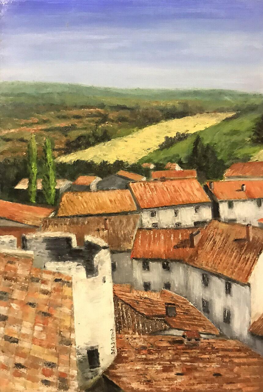 LOUIS DEL BIANCO (B.1925 Landscape Painting – Signiertes französisches impressionistisches Ölgemälde mit Blick auf die Dachplatten der Stadt in der Provence und die Felder