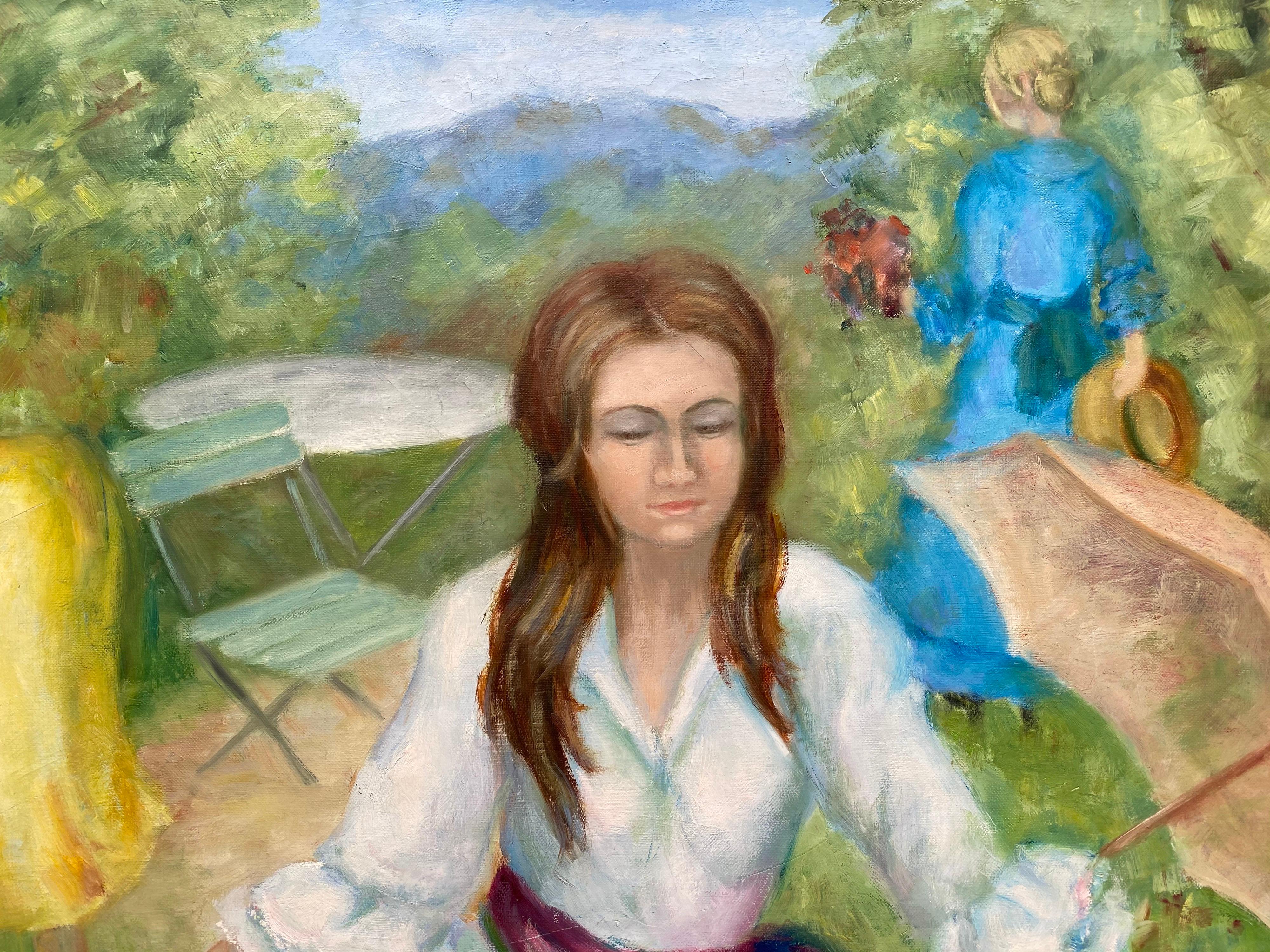 Grandes jeunes femmes impressionnistes françaises du 20ème siècle dans un parc de jardin coloré - Painting de Yvette Bossiere