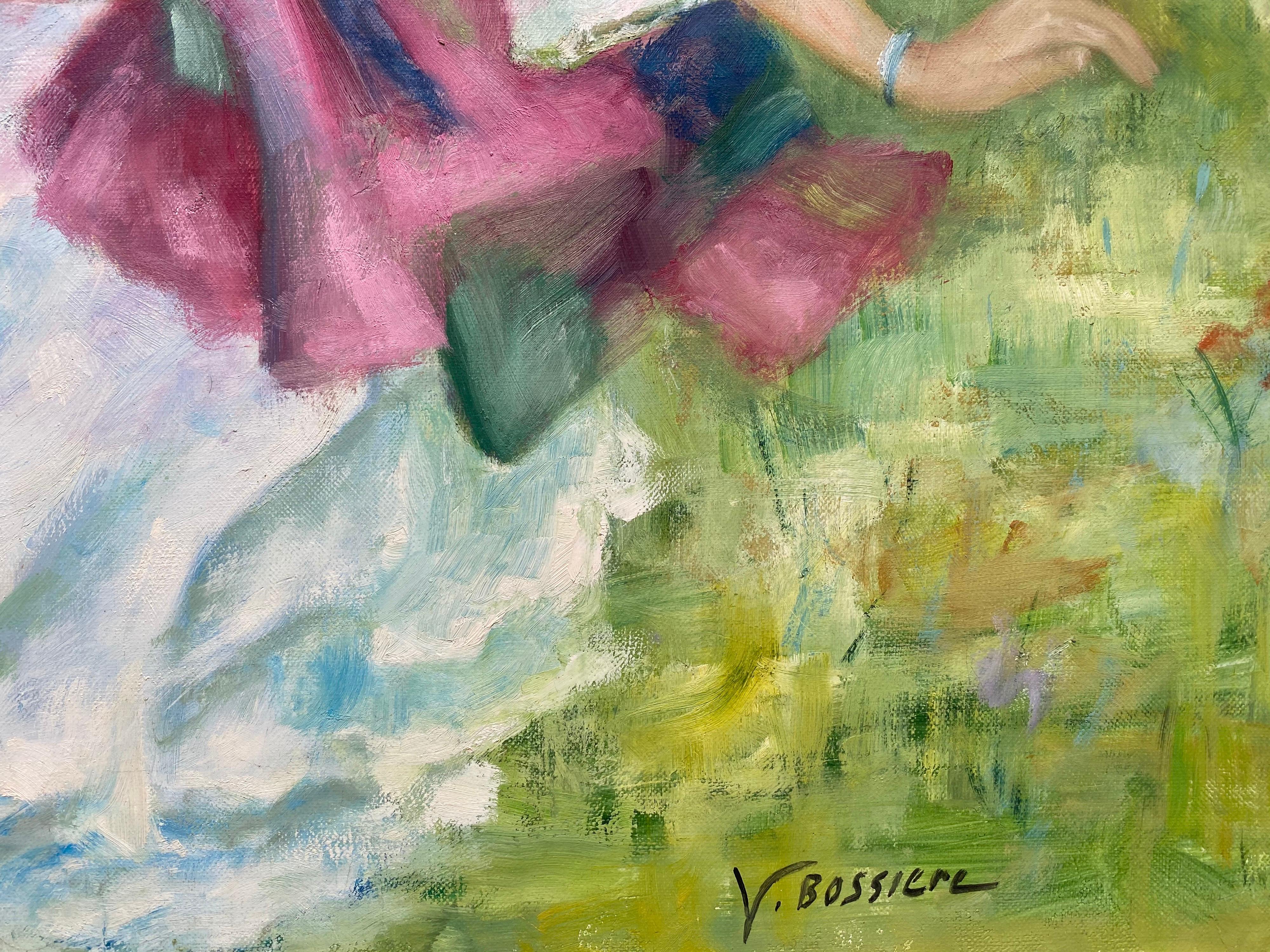 Artiste : Yvette Bossiere (française, née en 1926), signée dans le coin inférieur et au verso

Titre : Dans le Jardin

Support : peinture à l'huile sur toile, non encadrée

Taille : peinture : 36.5 x 29 pouces

Provenance : la succession de