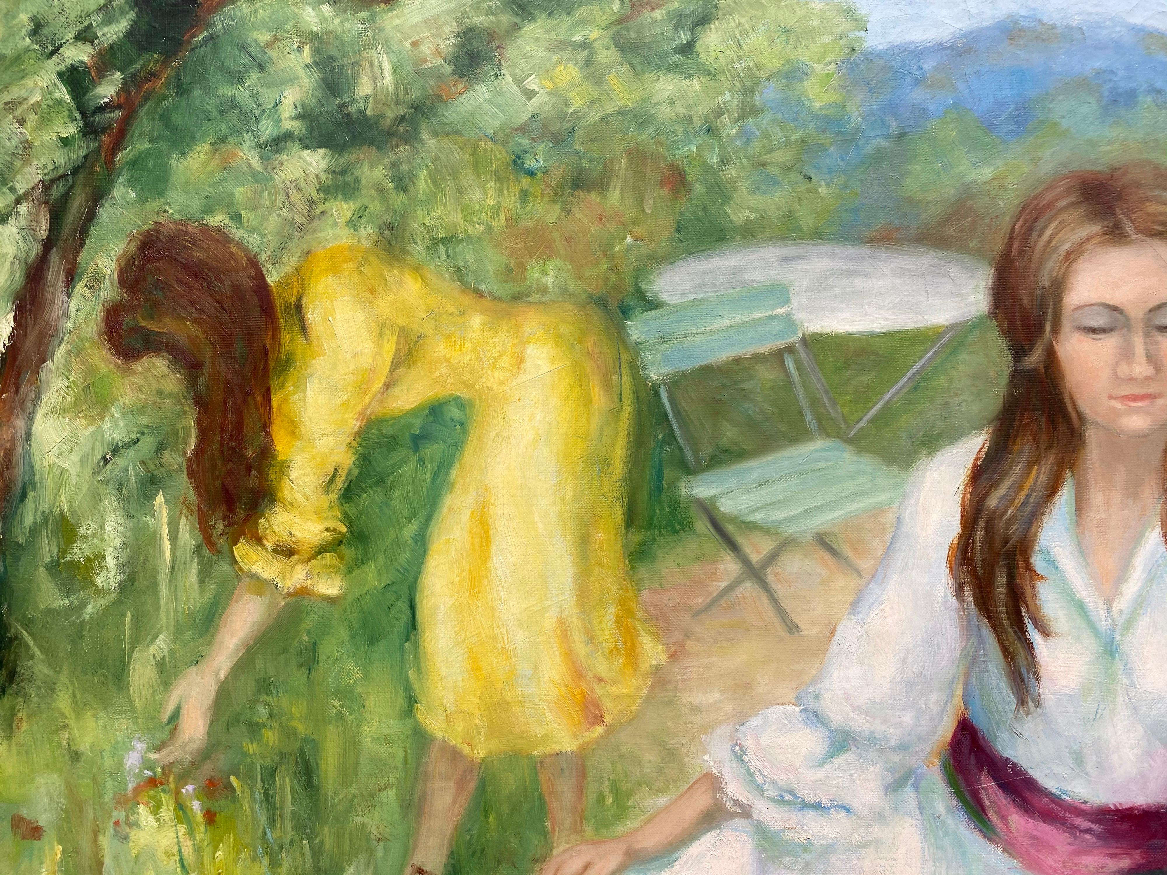 Grandes jeunes femmes impressionnistes françaises du 20ème siècle dans un parc de jardin coloré - Impressionnisme Painting par Yvette Bossiere