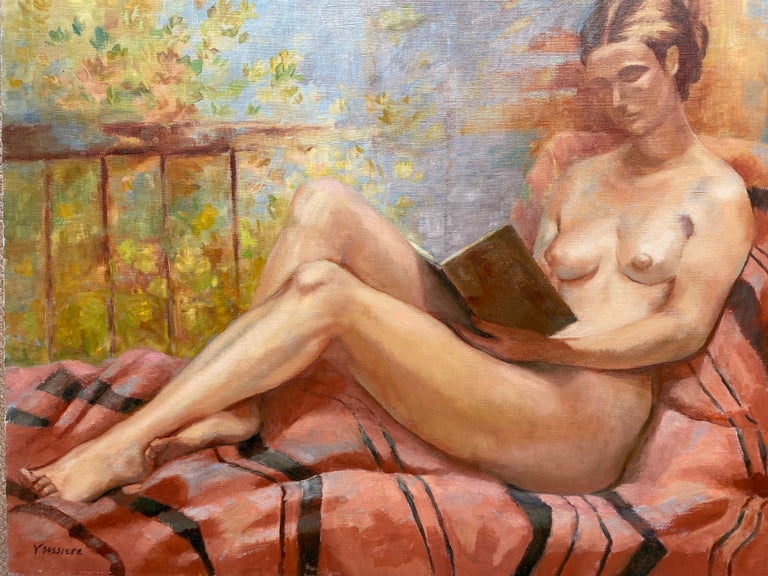 Yvette Bossiere Interior Painting - Huge 20th Century French Impressionist Oil - Reclining Nude Lady Reading Book