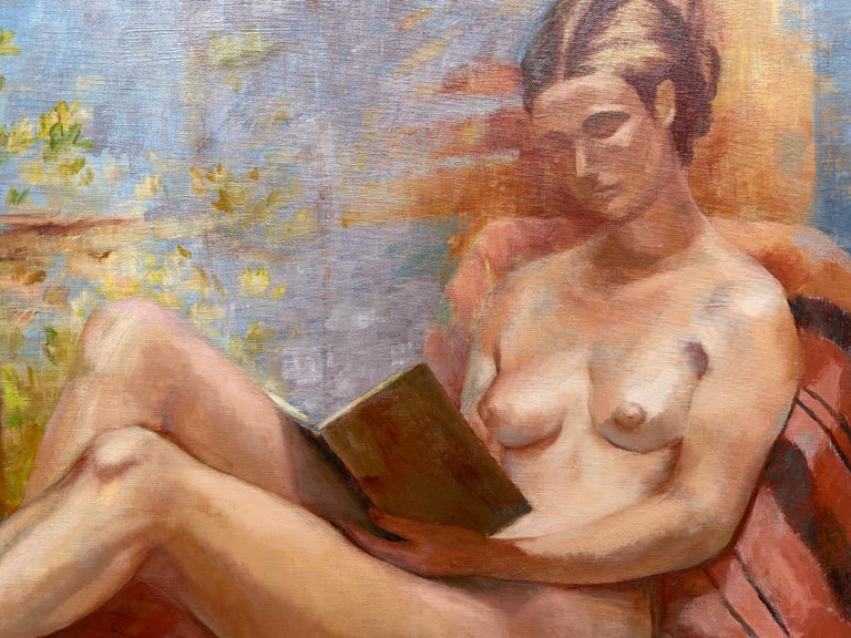 Huge 20th Century French Impressionist Oil - Reclining Nude Lady Reading Book - Brown Interior Painting by Yvette Bossiere