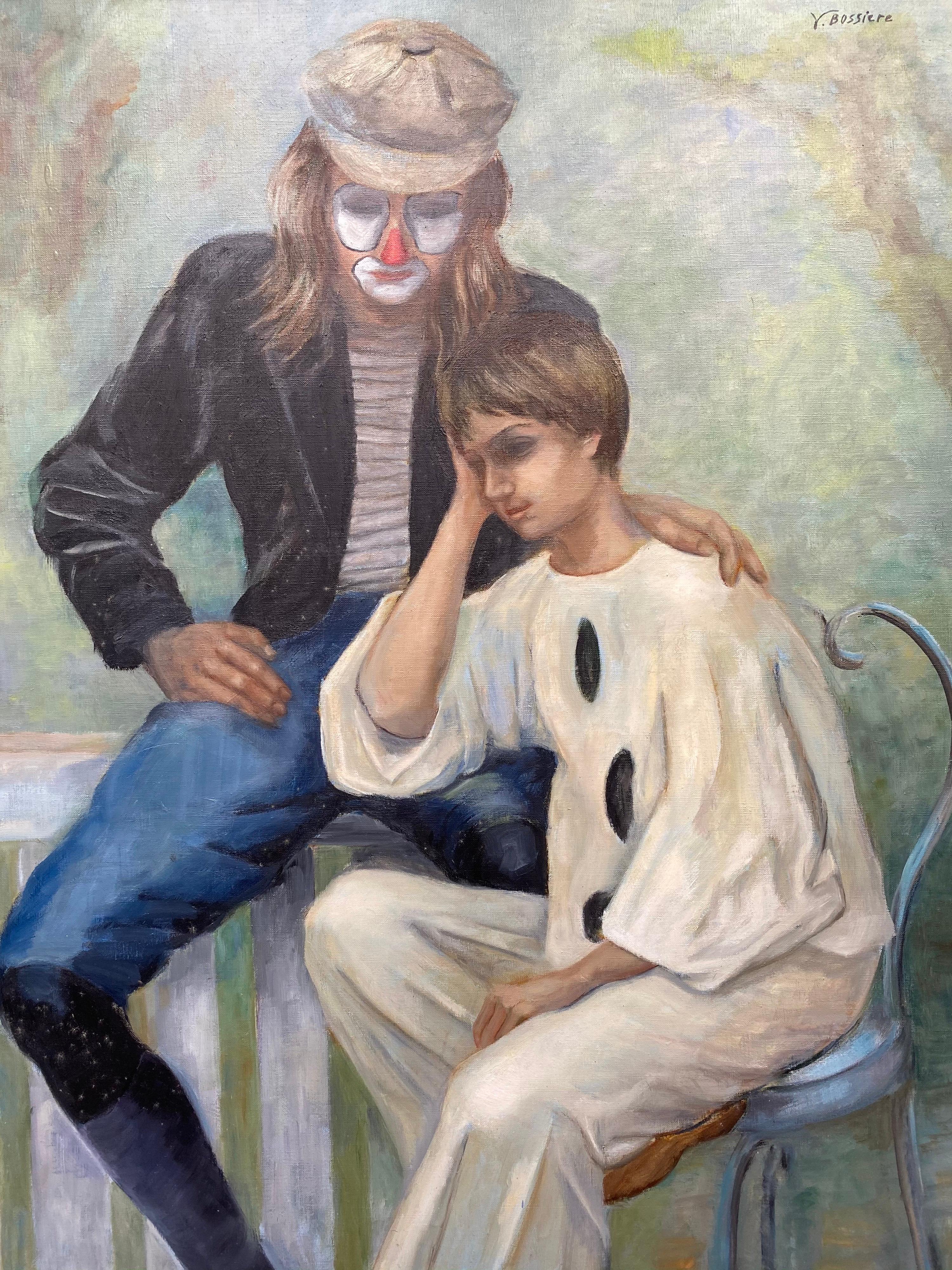 Yvette Bossiere Figurative Painting - Large 20th Century French Impressionist Oil - Two Circus Clowns/ Performers 
