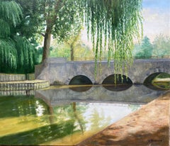 Grand paysage impressionniste français du 20ème siècle, Tranquil River Landscape Old Bridge