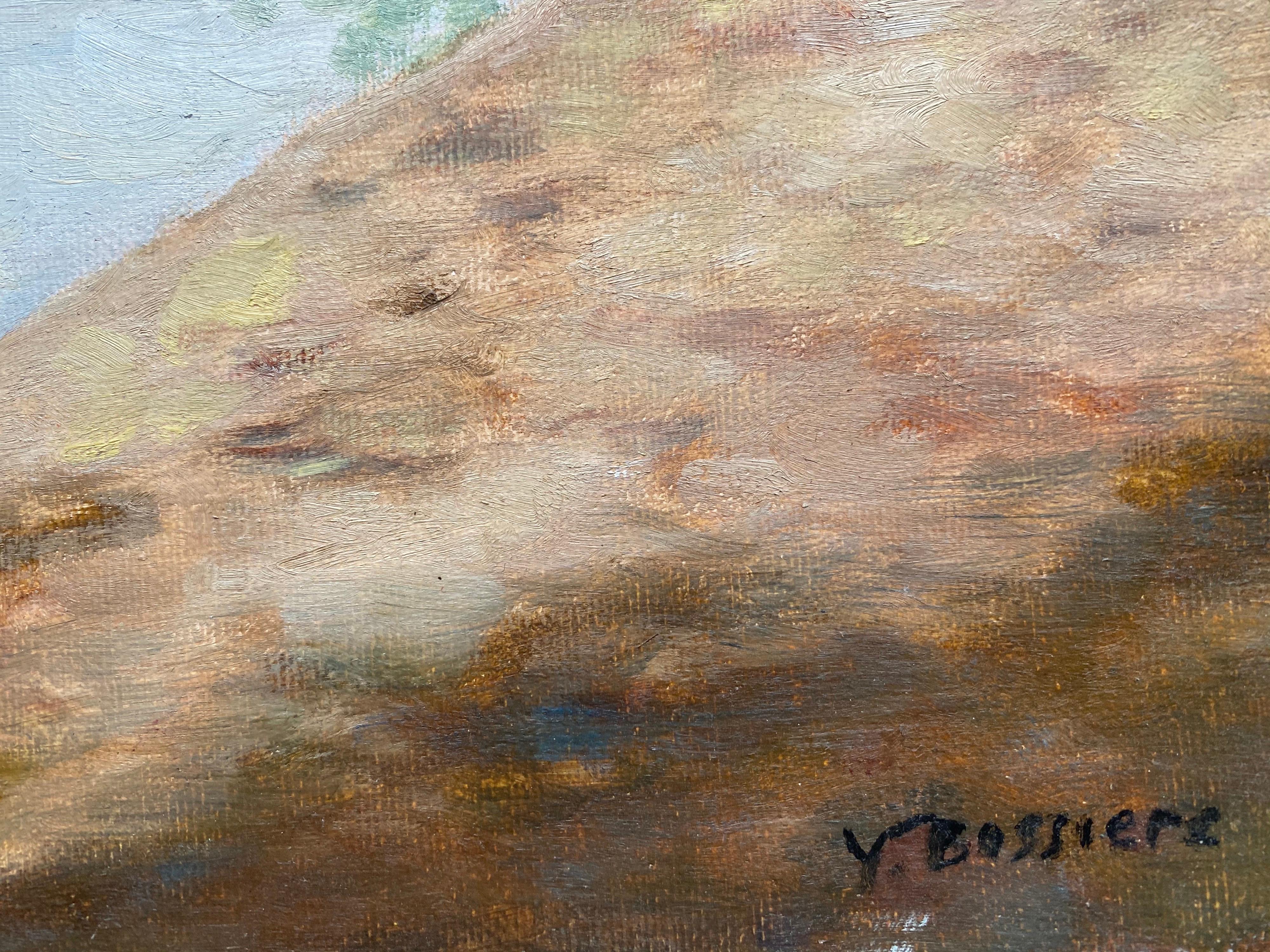 Grand paysage impressionniste français du 20ème siècle en bord de fleuve Tranquil avec ancien pont - Gris Landscape Painting par Yvette Bossiere