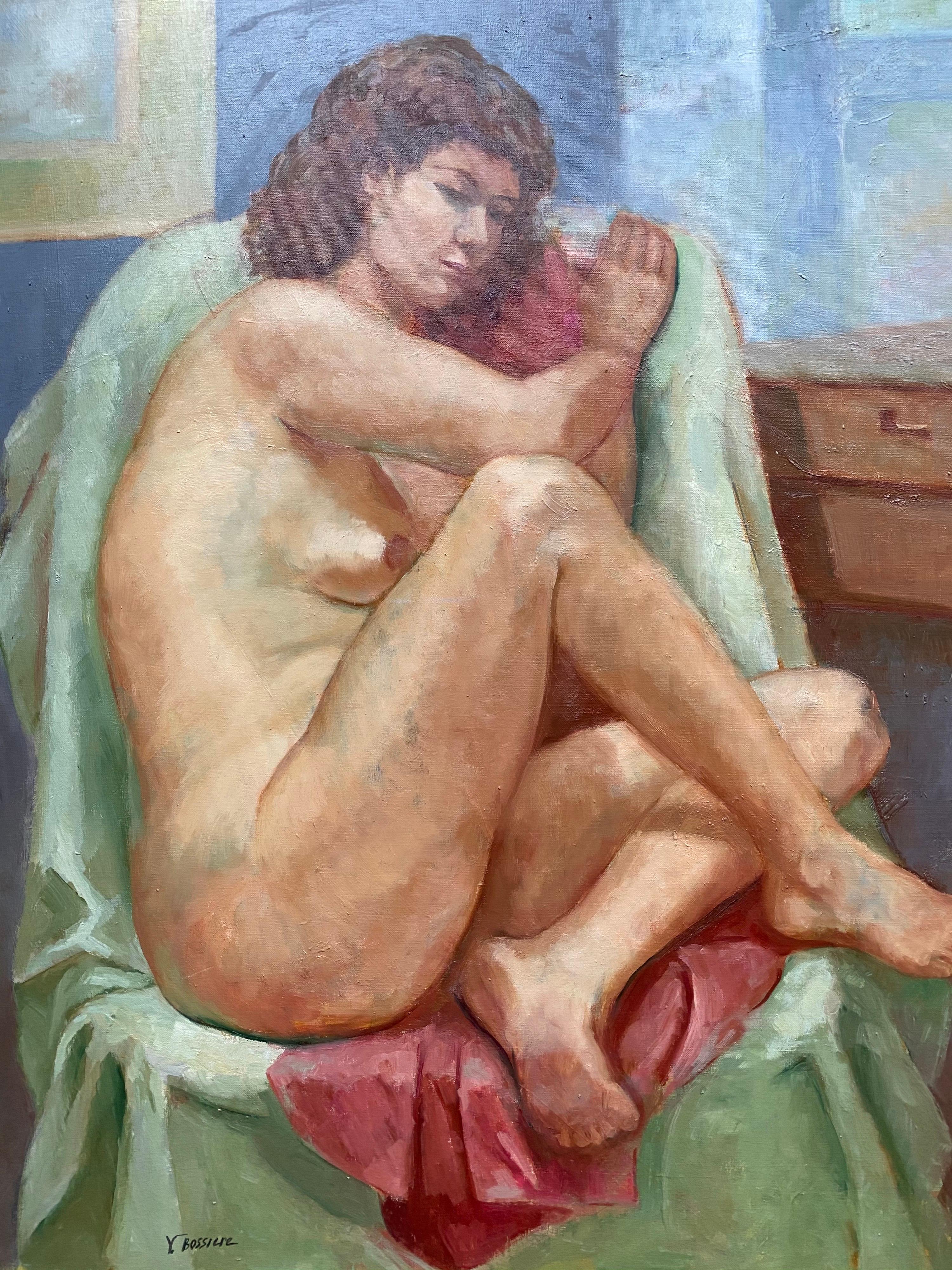 Nude Painting di Yvette Bossiere - La modella dell'artista - Ritratto di donna nuda Olio impressionista francese del XX secolo