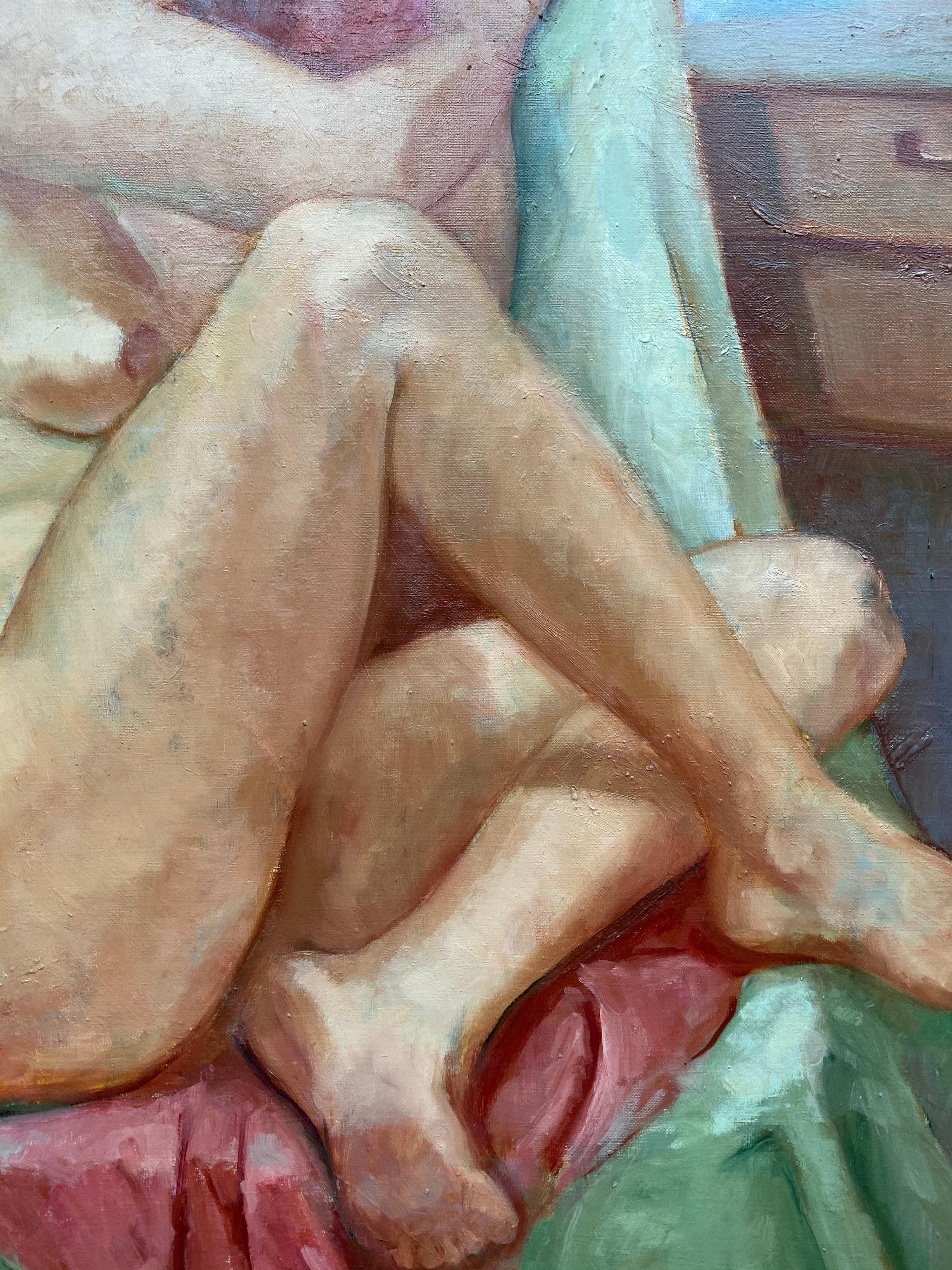 Le modèle de l'artiste - Portrait de femme nue, huile impressionniste française du 20e siècle - Impressionnisme Painting par Yvette Bossiere
