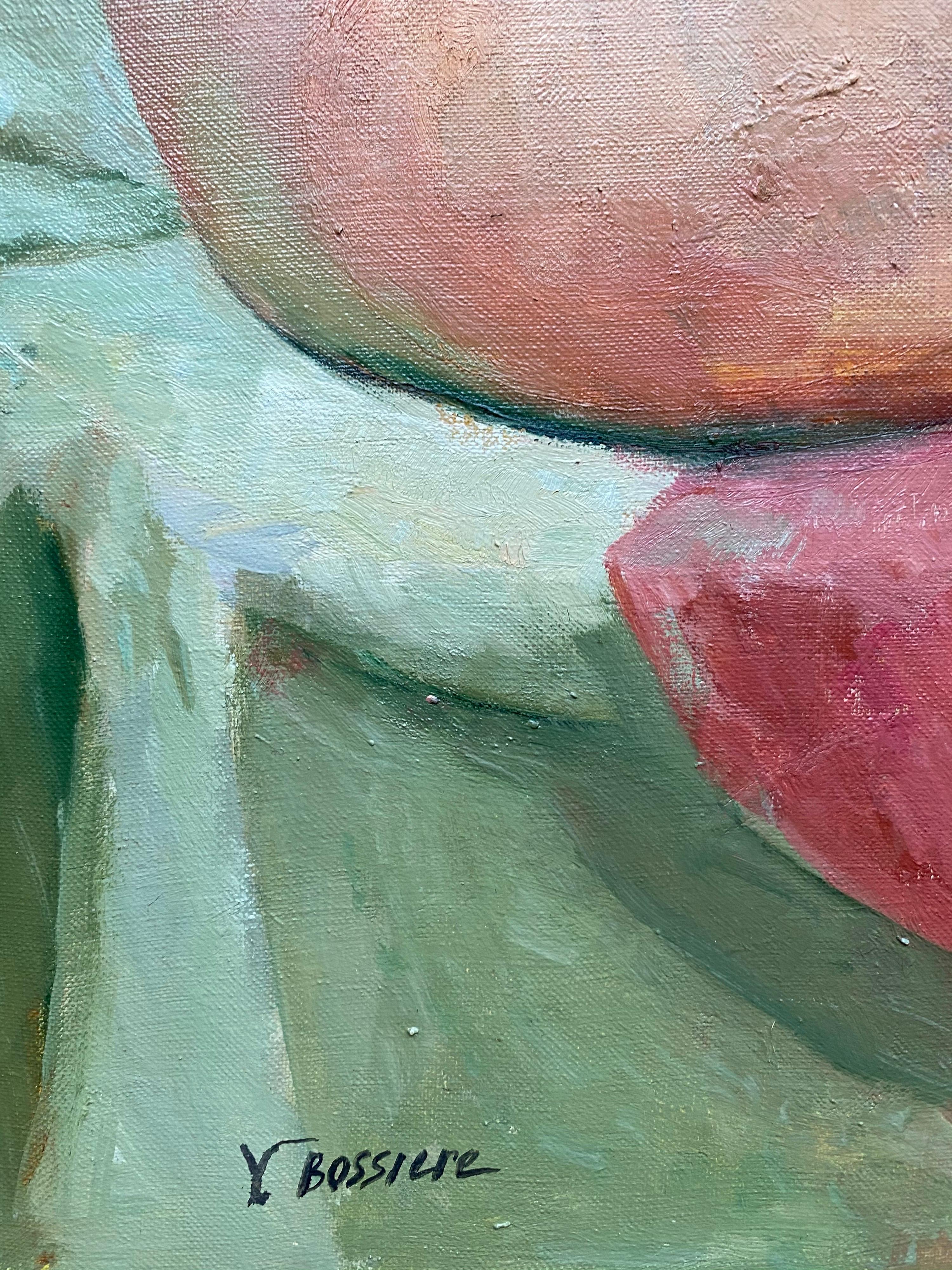 Le modèle de l'artiste - Portrait de femme nue, huile impressionniste française du 20e siècle - Marron Nude Painting par Yvette Bossiere