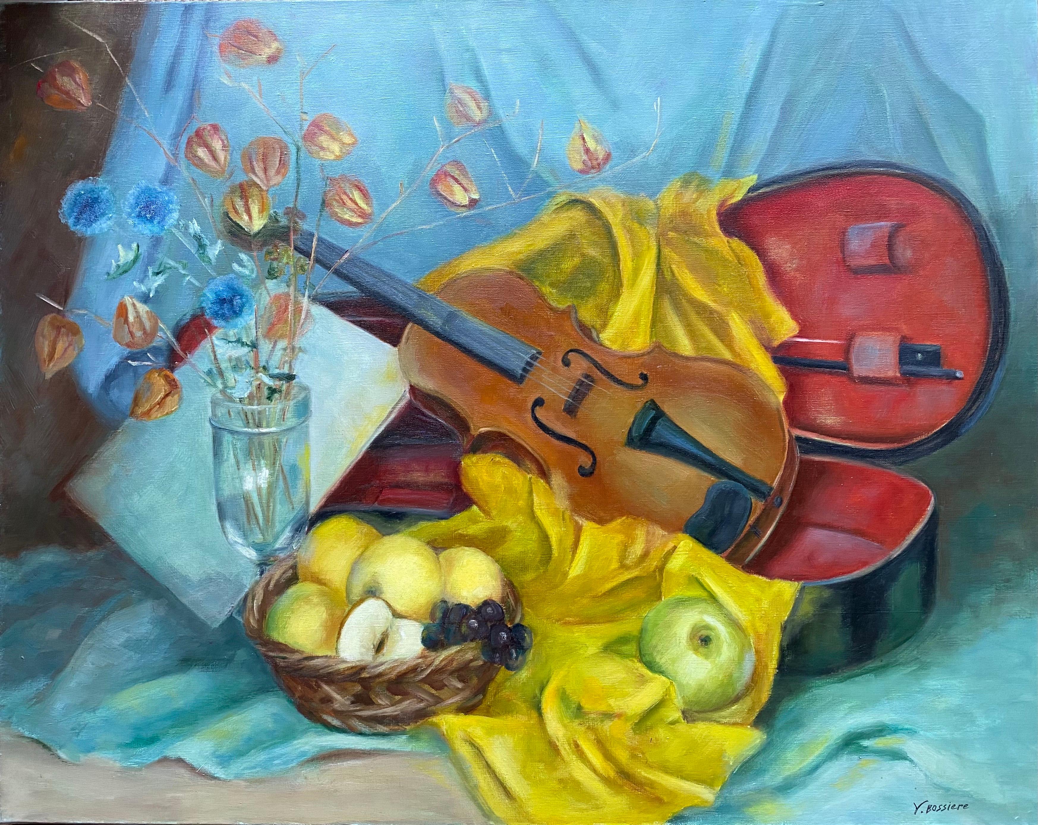 Large 20th Century French Impressionist Oil - Colorful Still Life Violin