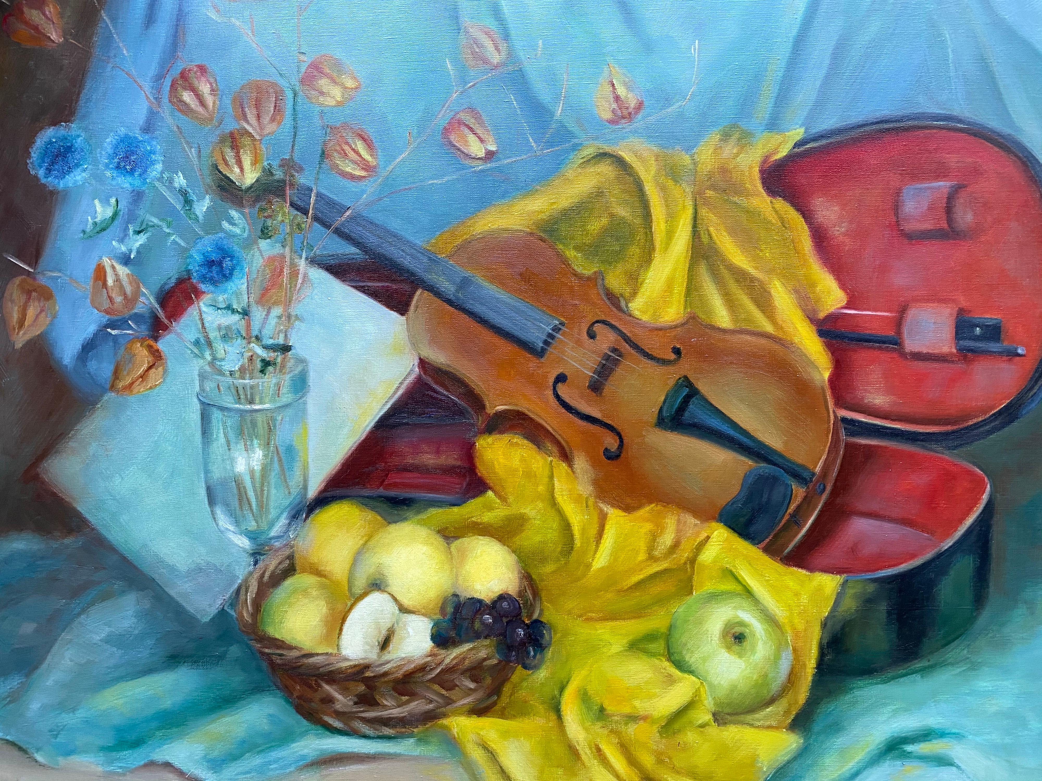 Large 20th Century French Impressionist Oil - Colorful Still Life Violin - Painting by Yvette Bossiere