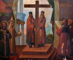 19th Century Greek School Icon - Religious Scene - Oil on Large Wood Panel
